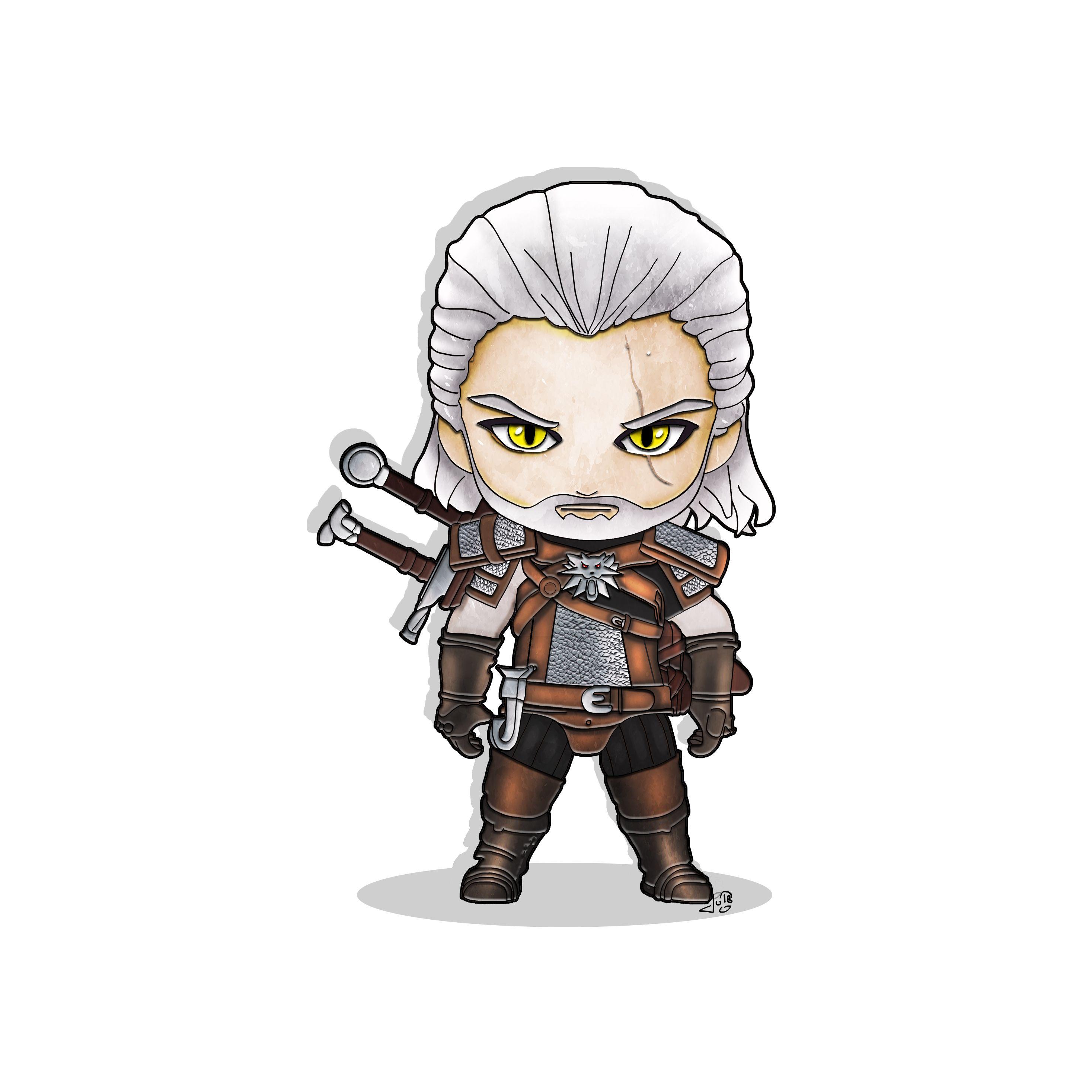 Geralt The witcher, jeux vidéos, fanart, chibi, illustration