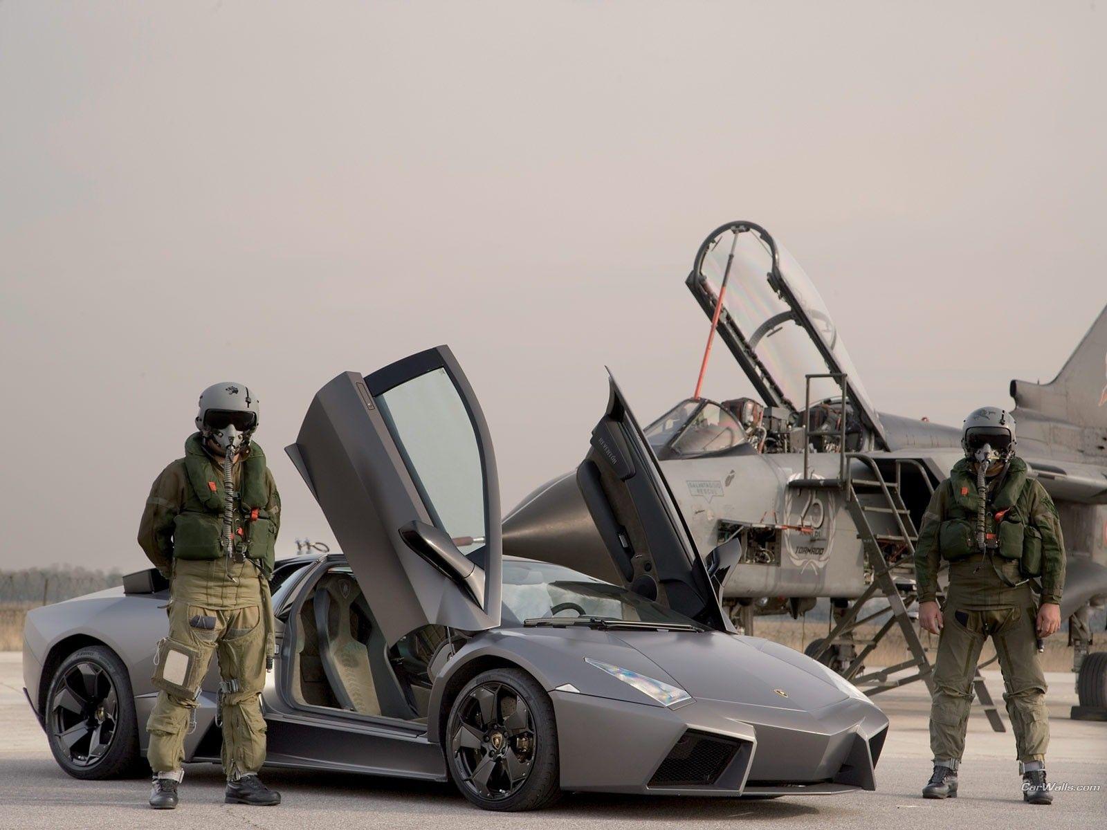 Lamborghini Reventon next to a fighter jet. Stealth defined