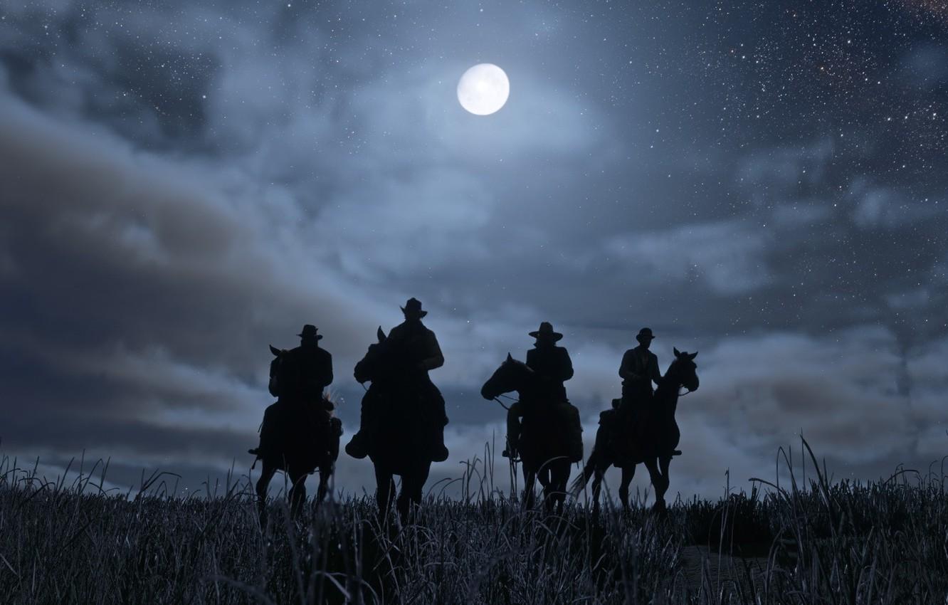 Wallpaper night, the moon, cowboys, Red Dead Redemption 2