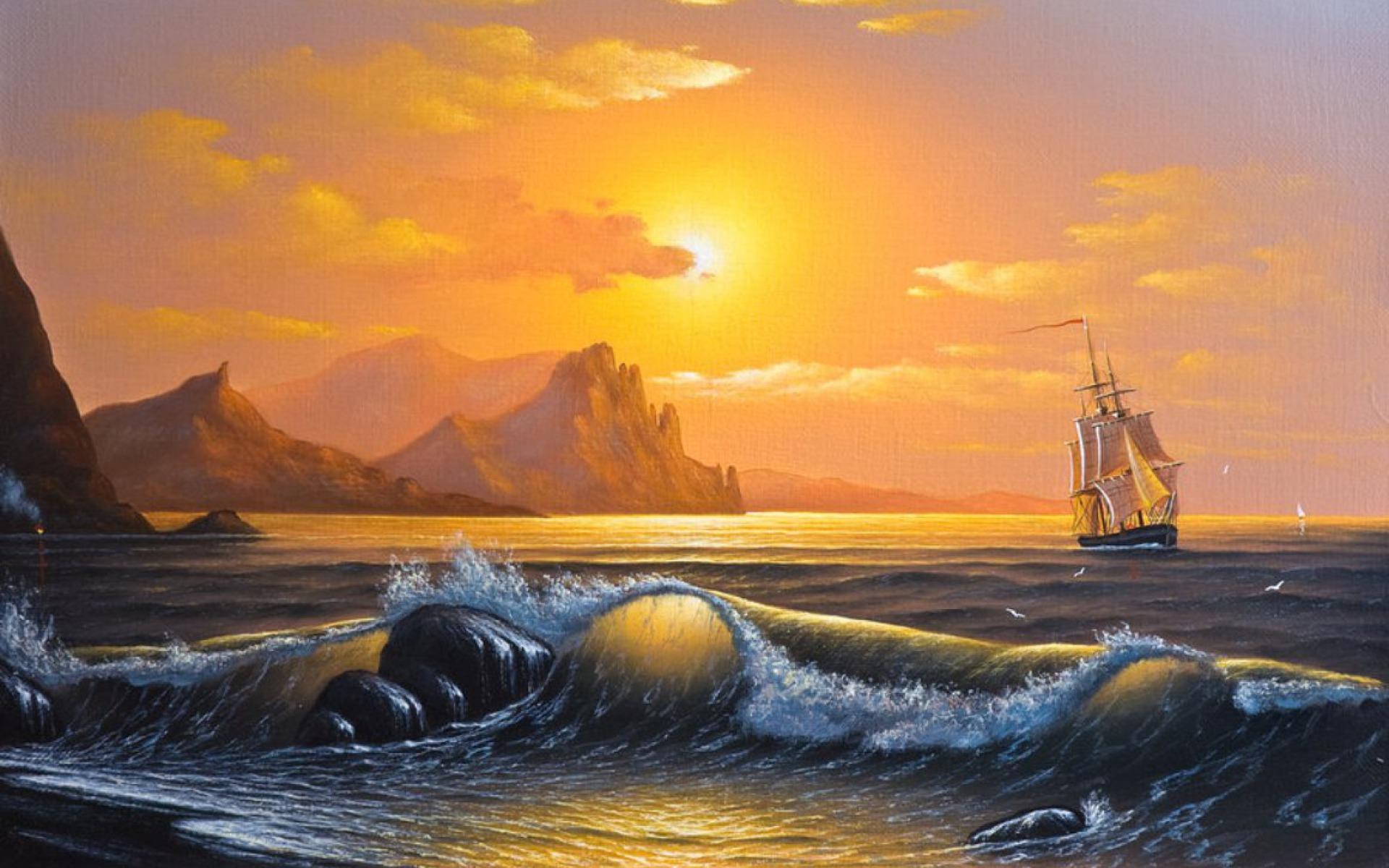 Ocean Ship Peaks Rocks Sunset wallpaper. Ocean Ship Peaks