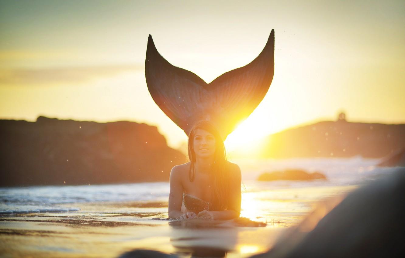 Wallpaper beach, sunset, seaside, foam, mermaid image