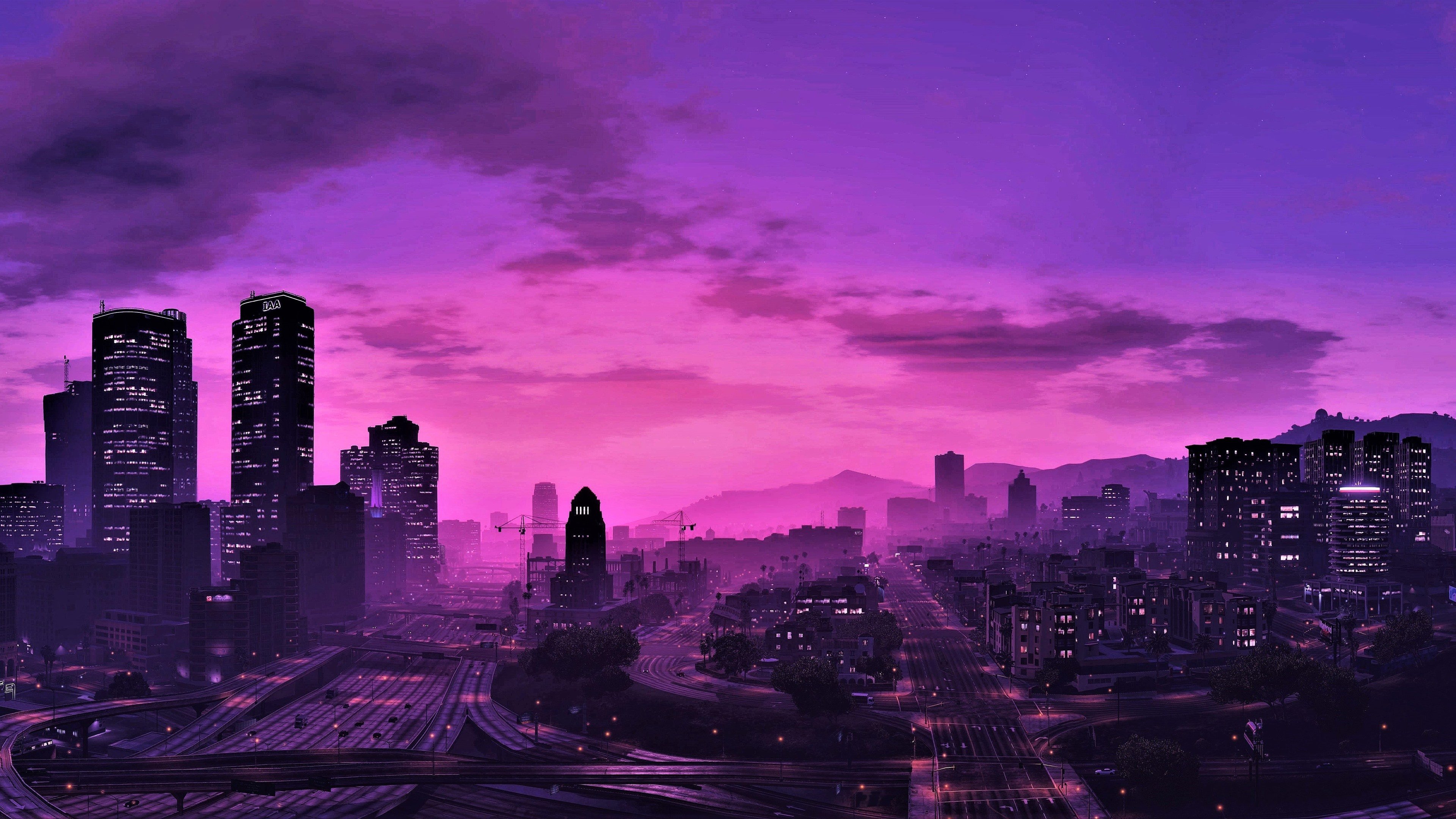 Wallpaper GTA city at night, purple style, skyscrapers