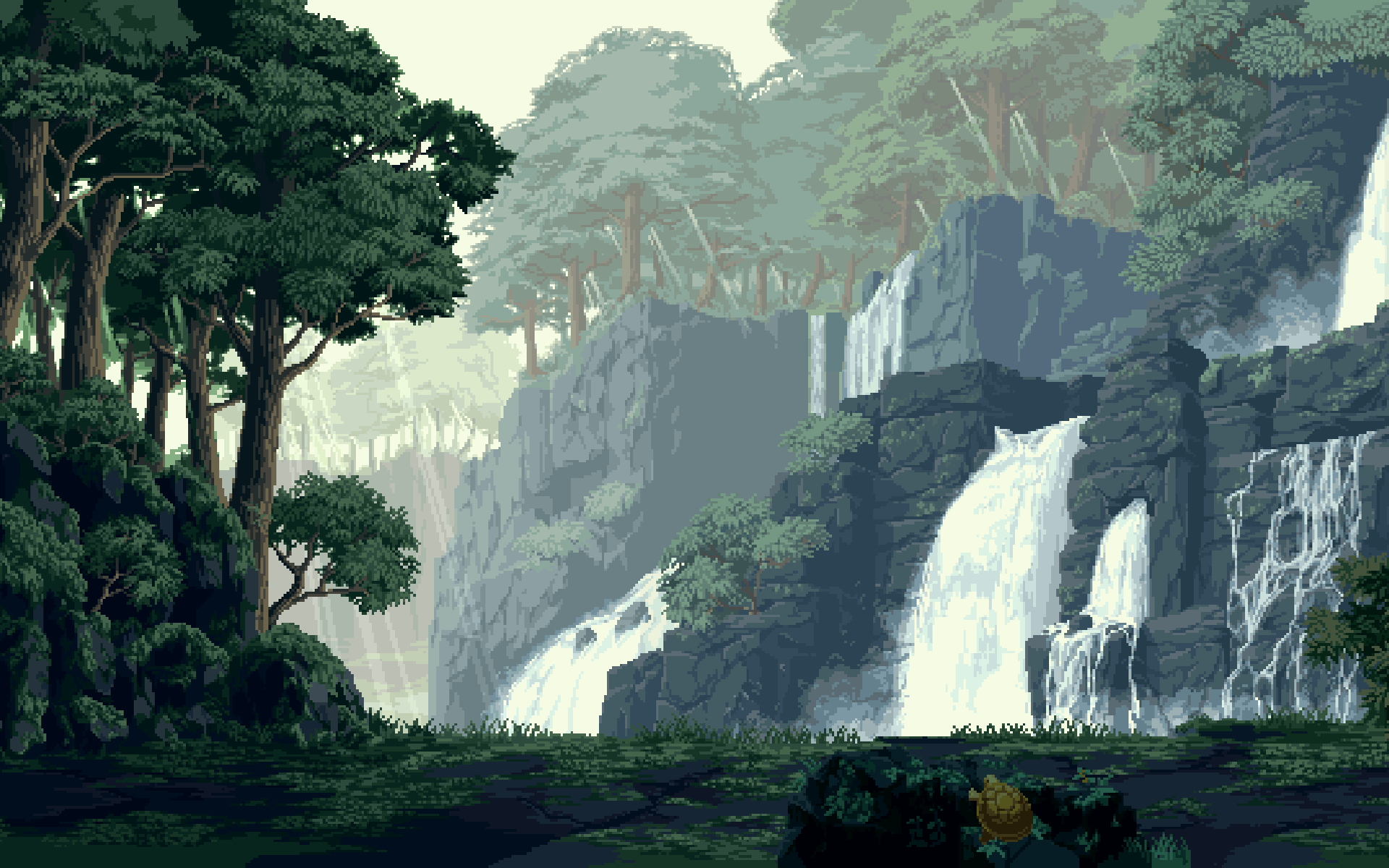 #pixel art, #turtle, #waterfall, #digital art
