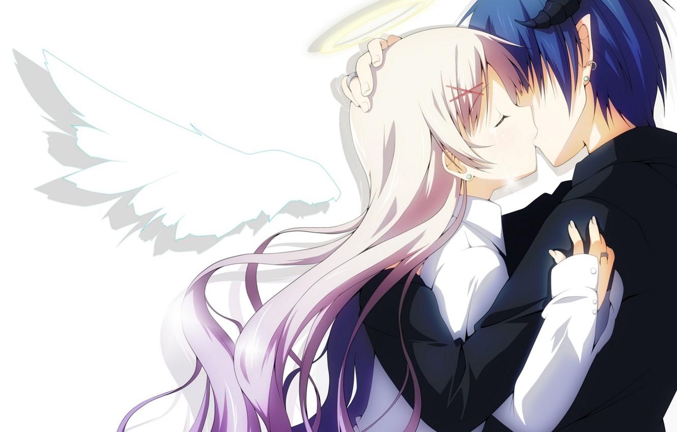 Wallpaper girl, wings, kiss, angel, anime, the demon, tears