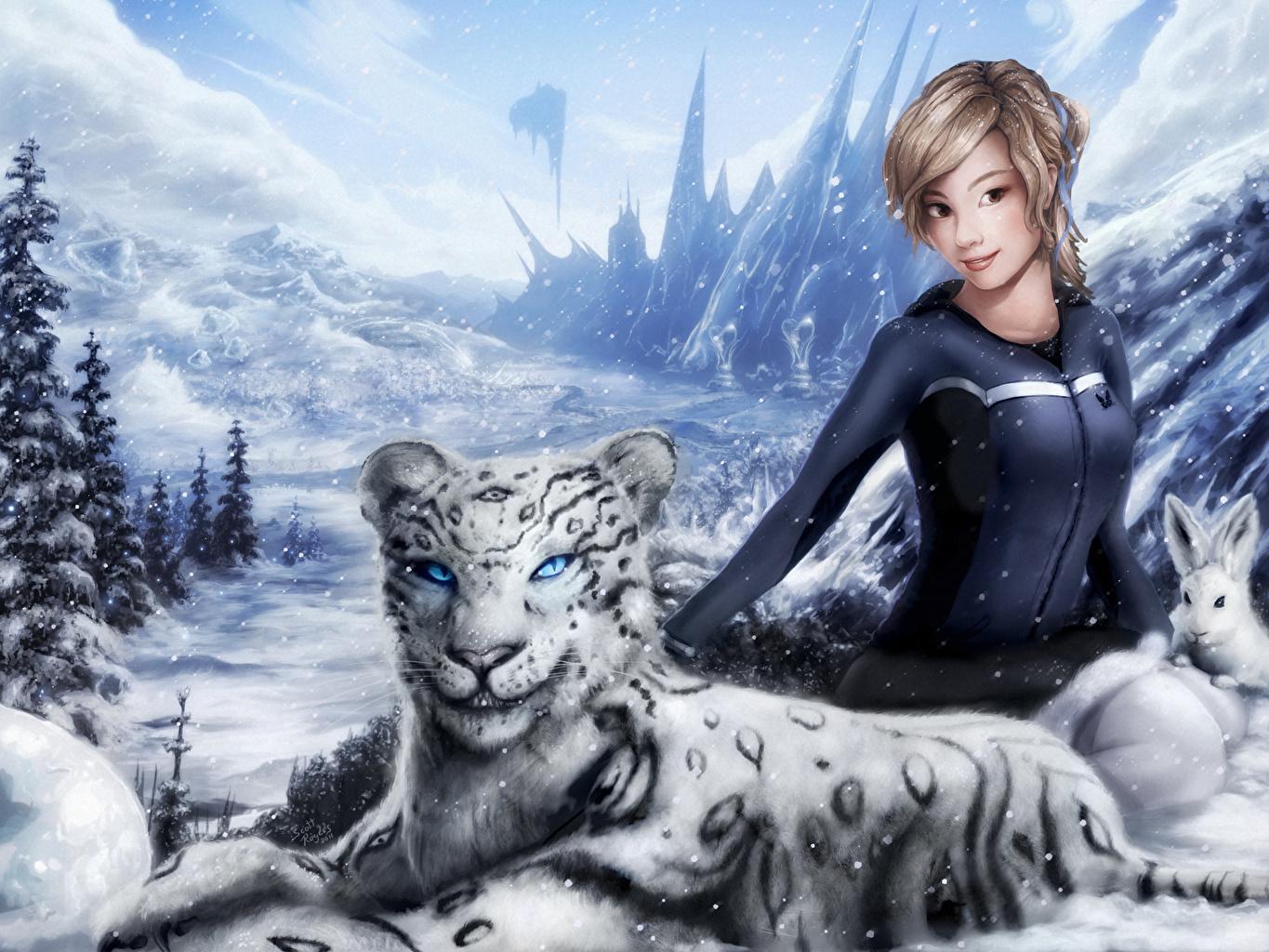 Wallpaper Snow leopards Brown haired female Fantasy