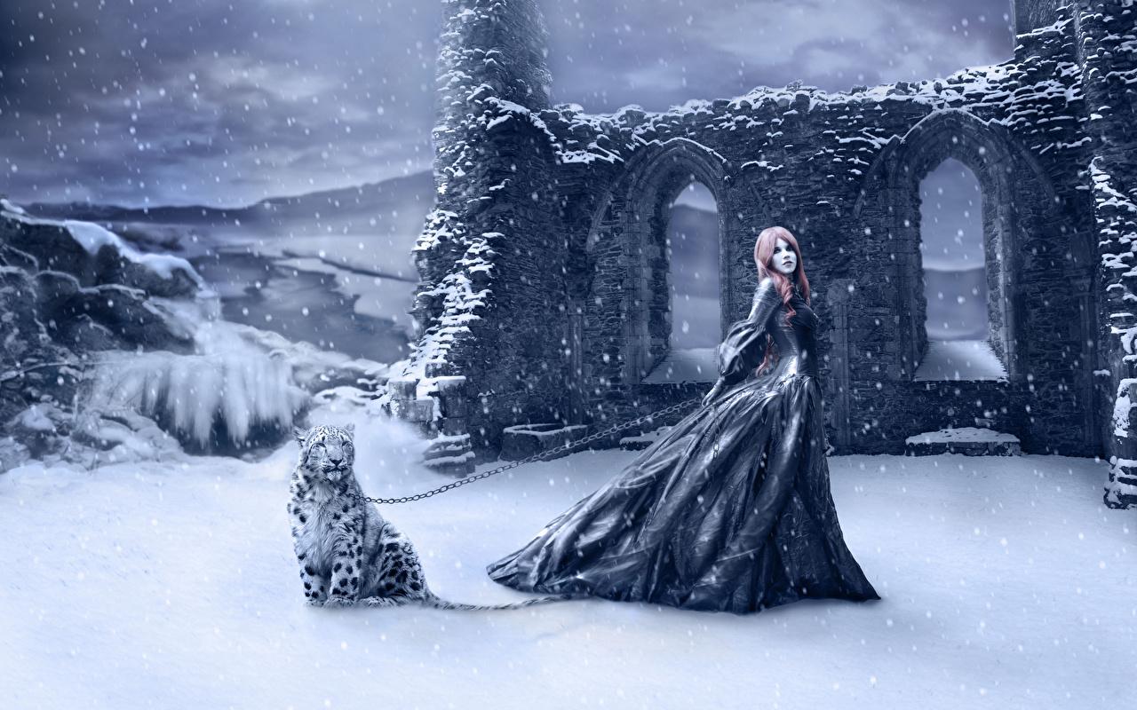 Picture leopard Gothic Fantasy Winter female Fantasy Snowflakes Snow