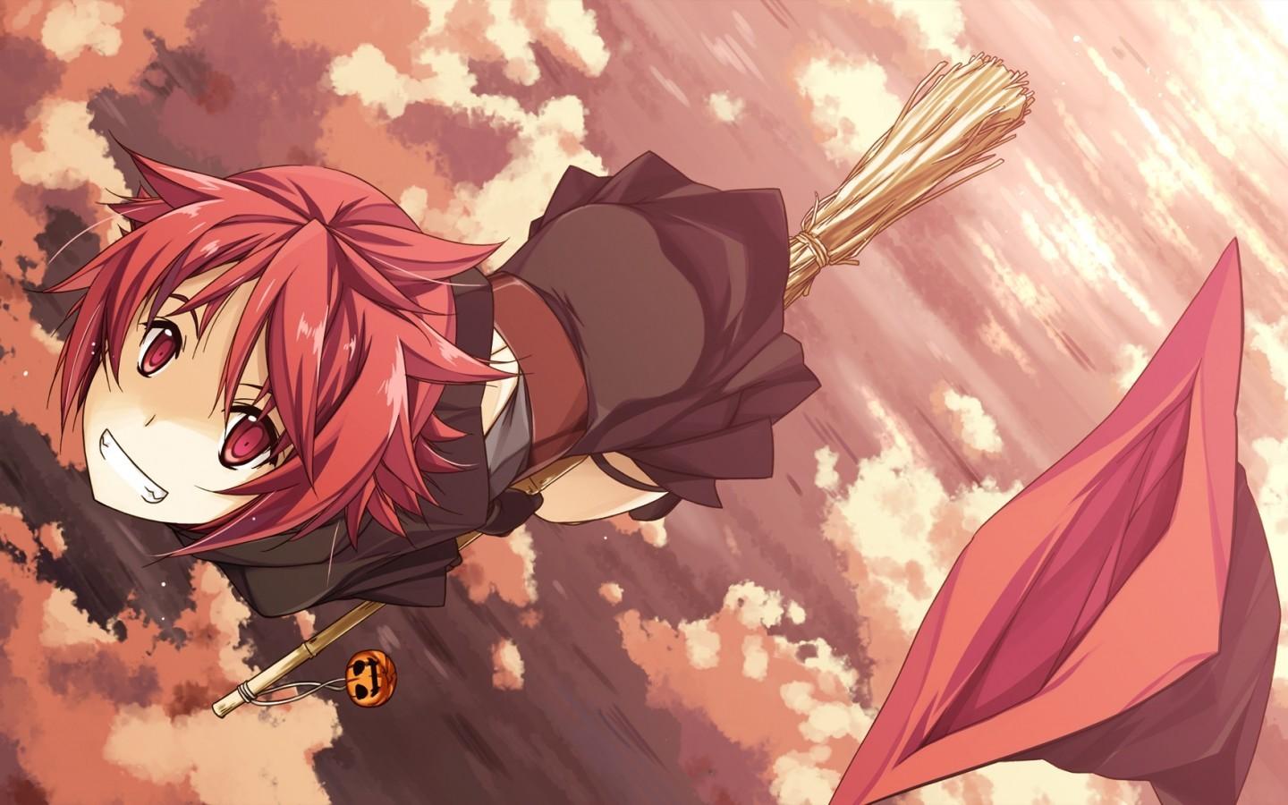 Download 1440x900 Anime Girl, Witch, Redhead, Smiling, Sky