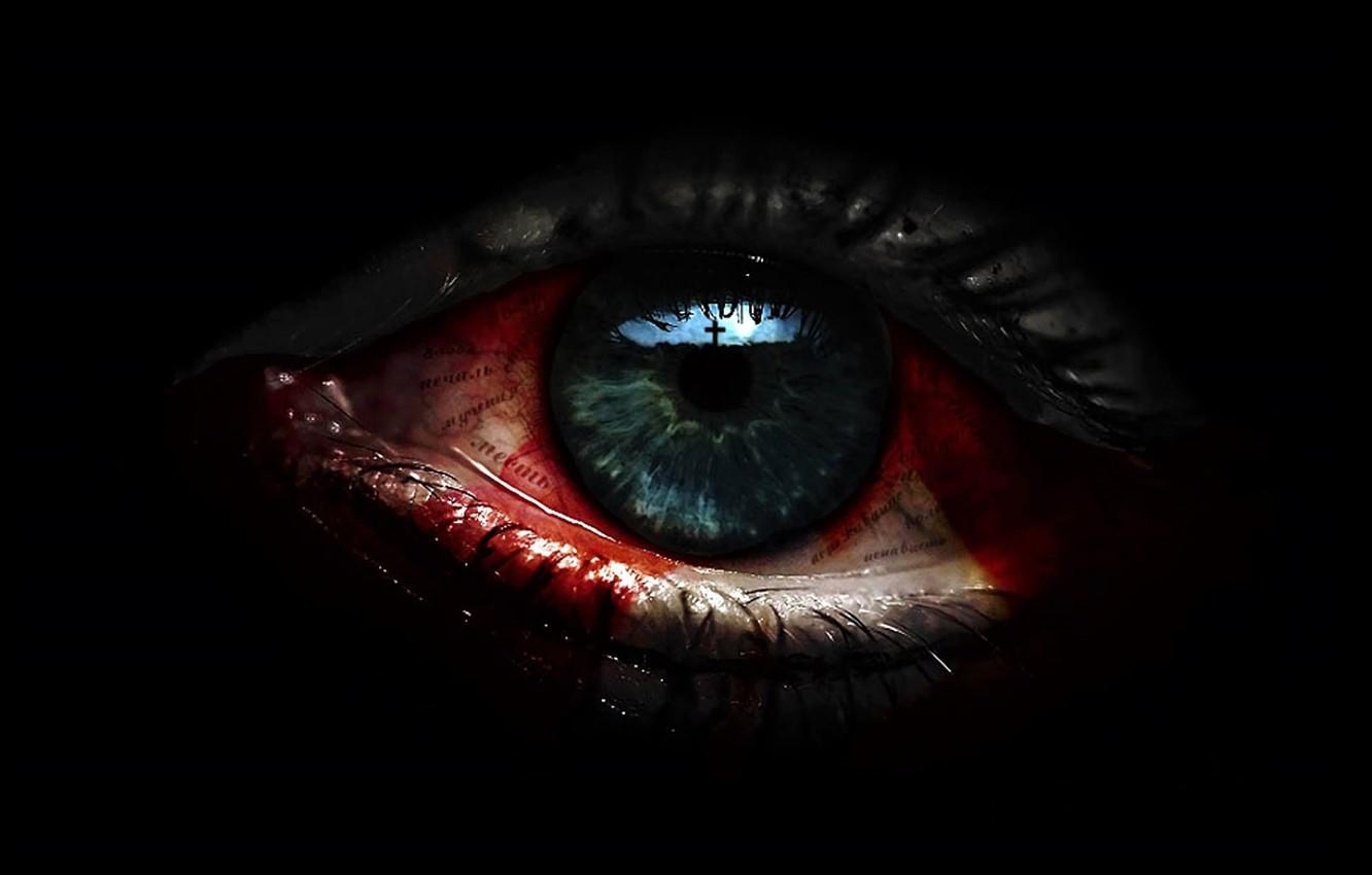 Wallpaper eyes, reflection, cross, bloody tears, in the dark