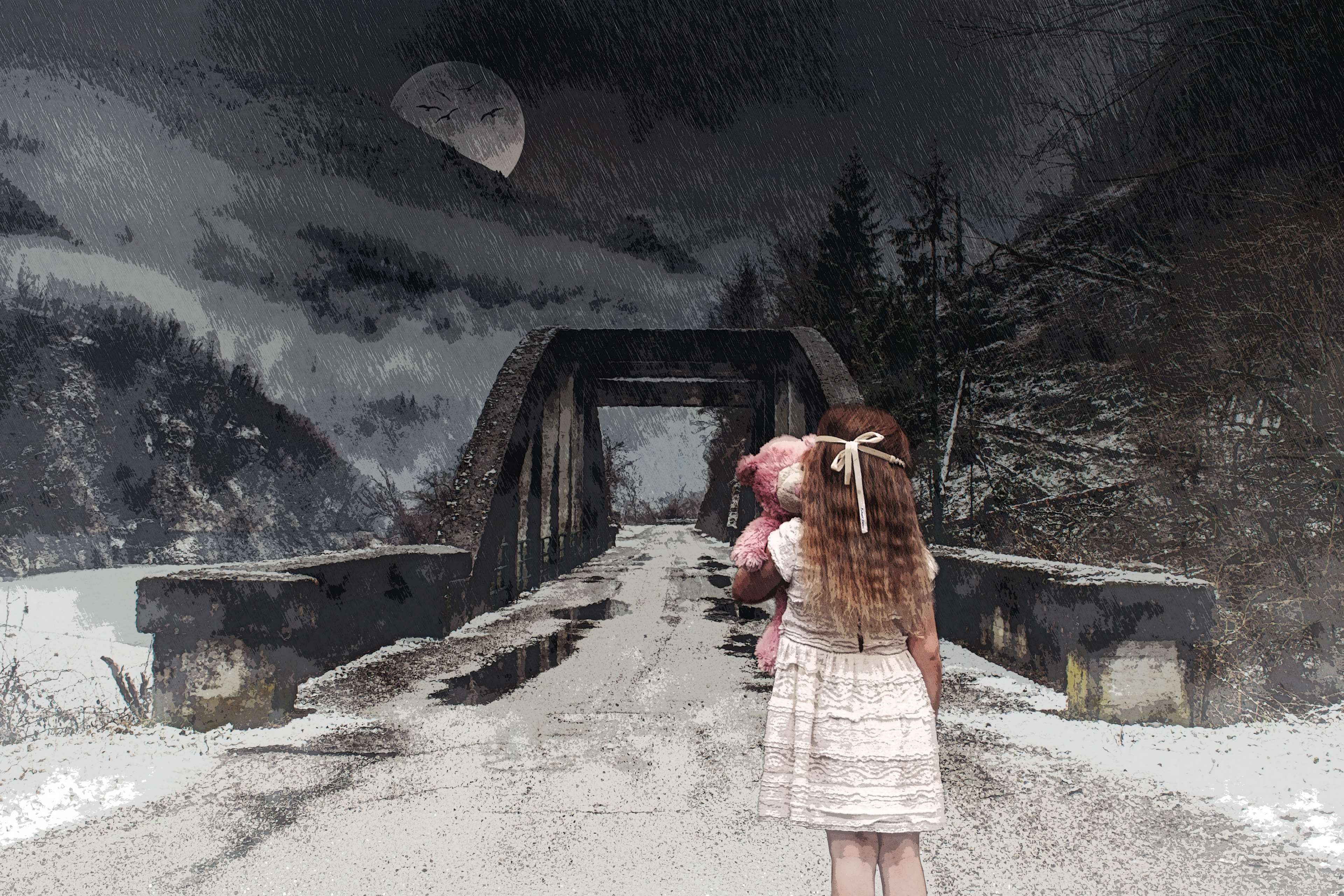 child, desktop background, fantasy, forest, full moon, girl