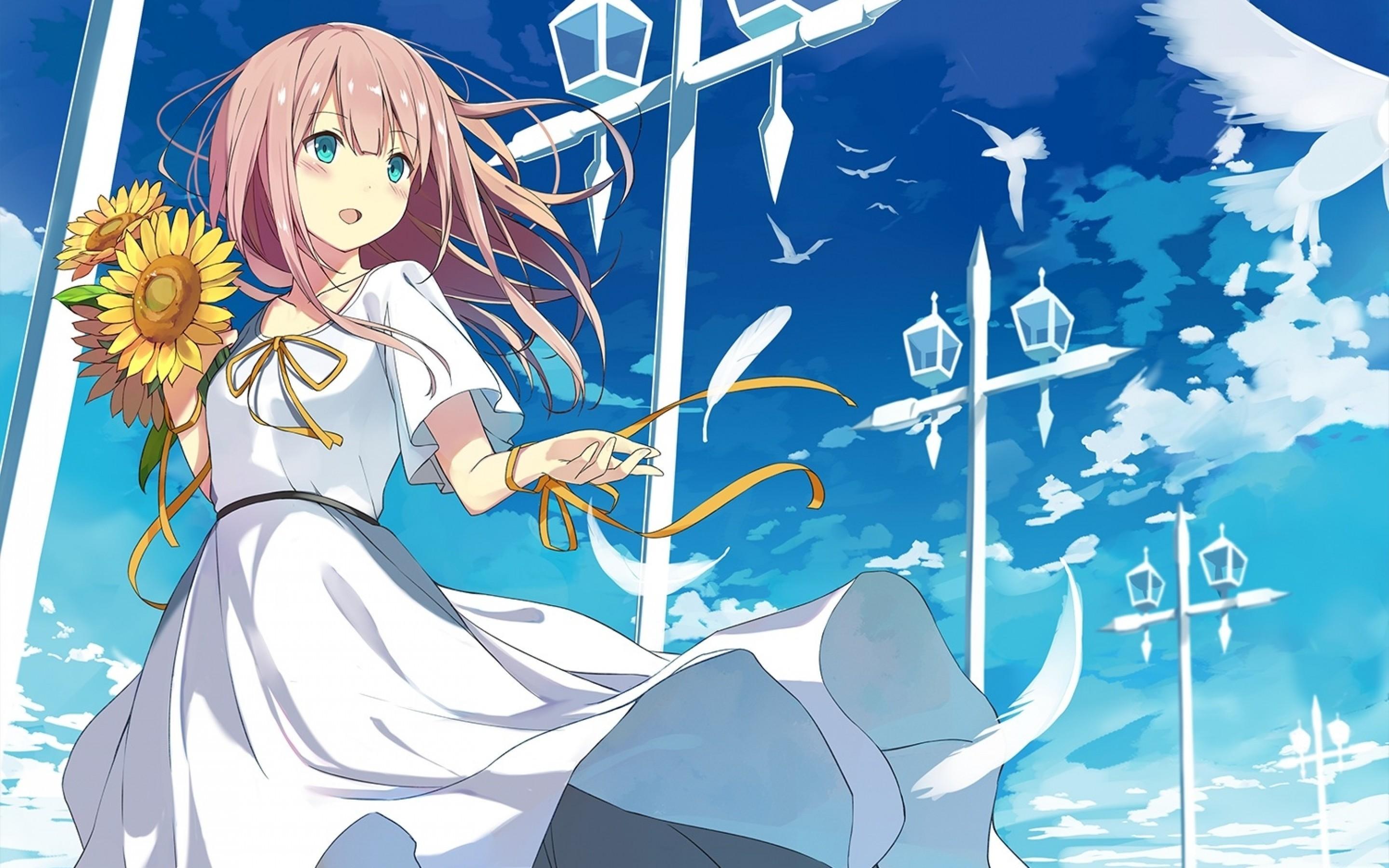 Download 2880x1800 Anime Girl, Sunflowers, Light Dress
