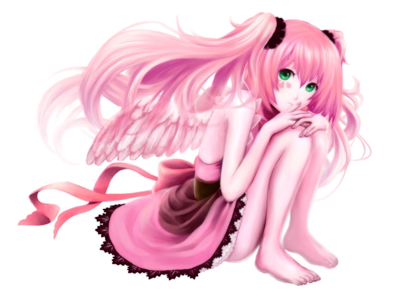 wings ribbons green eyes pink hair pink dress anime girls