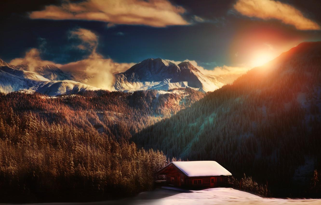 Wallpaper forest, the sun, mountains, house, treatment, A