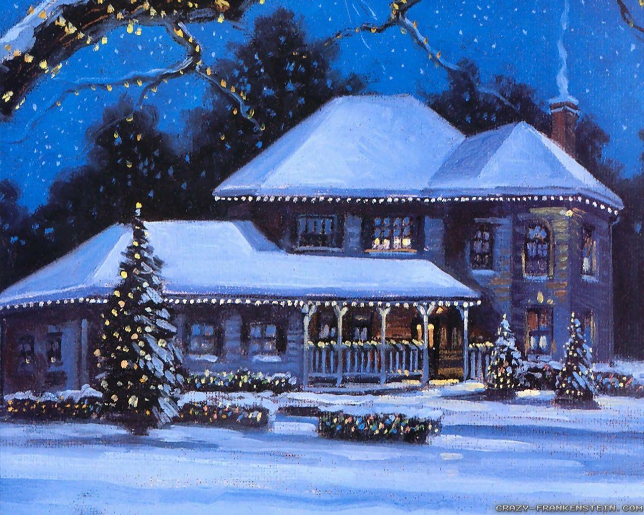 House Winter Christmas Scenery Painting Wallpaper