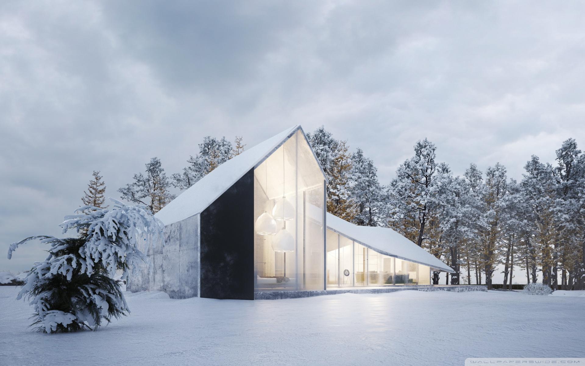 Modern House Design, Winter, Snow Ultra HD Desktop