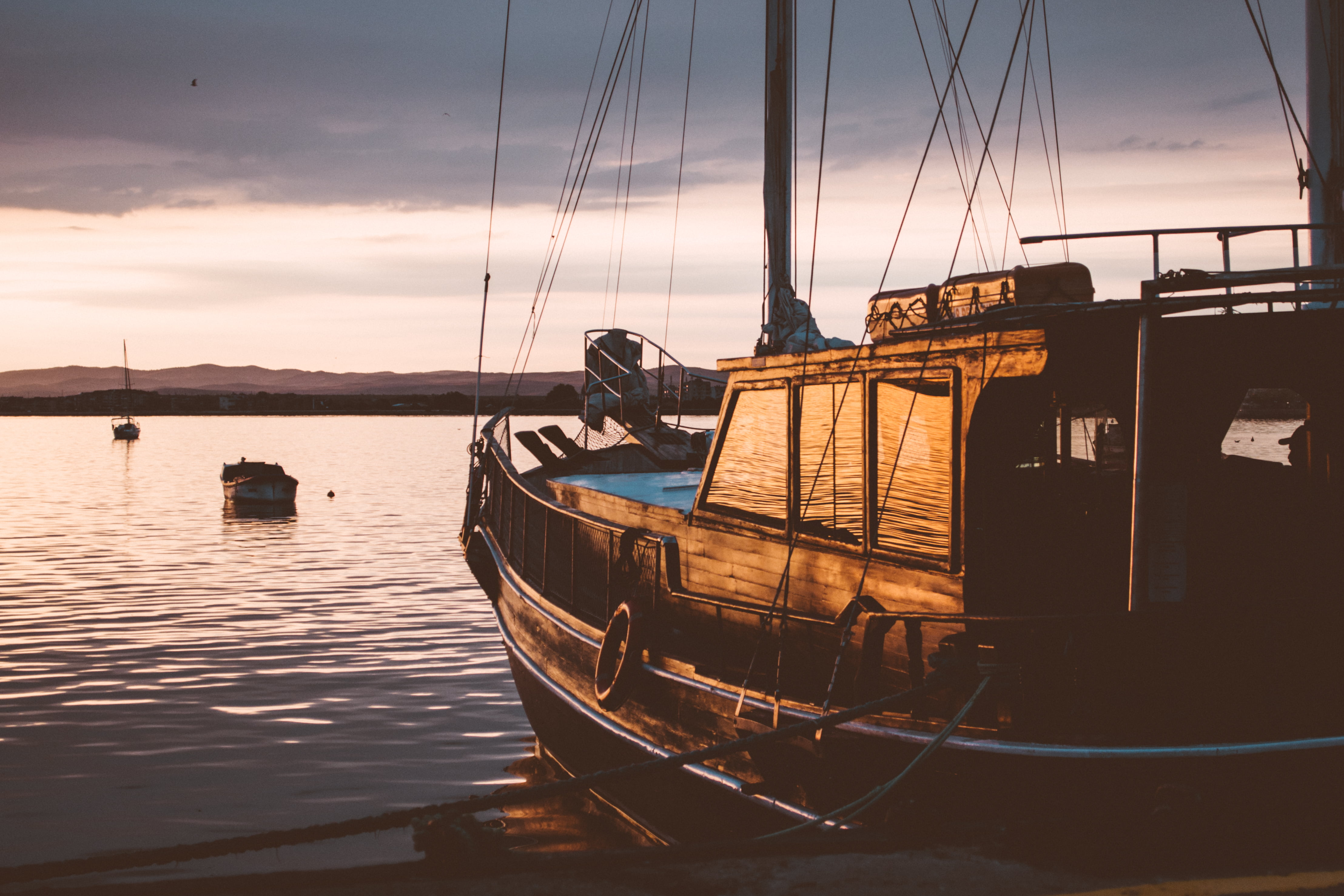 Brown fishing boat, Sailboat, Sunset, Sea HD wallpapers