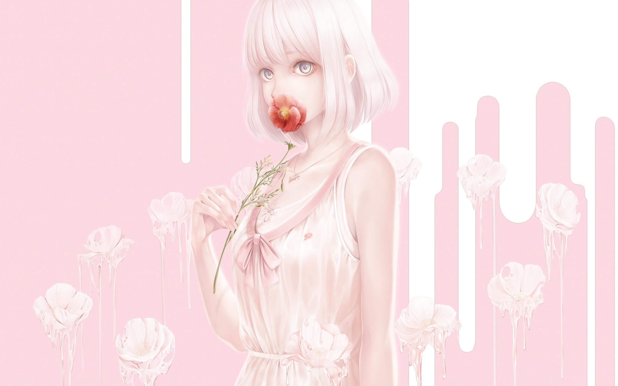 Download 2560x1600 Anime Girl, Pastel Colors, Flower, Short