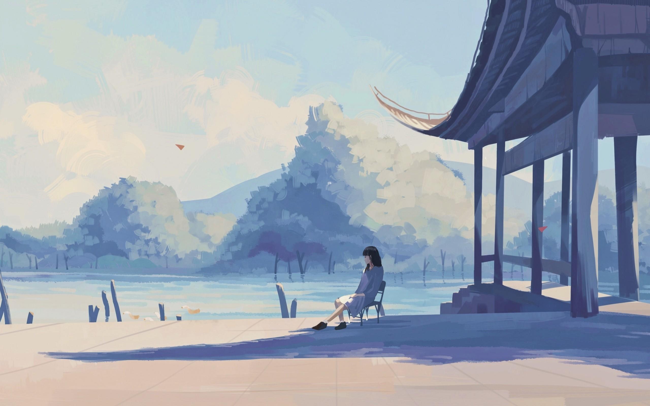 Download 2560x1600 Lonely Anime Girl, Lake, Pastel Colors, Shadow Wallpaper for MacBook Pro 13 inch