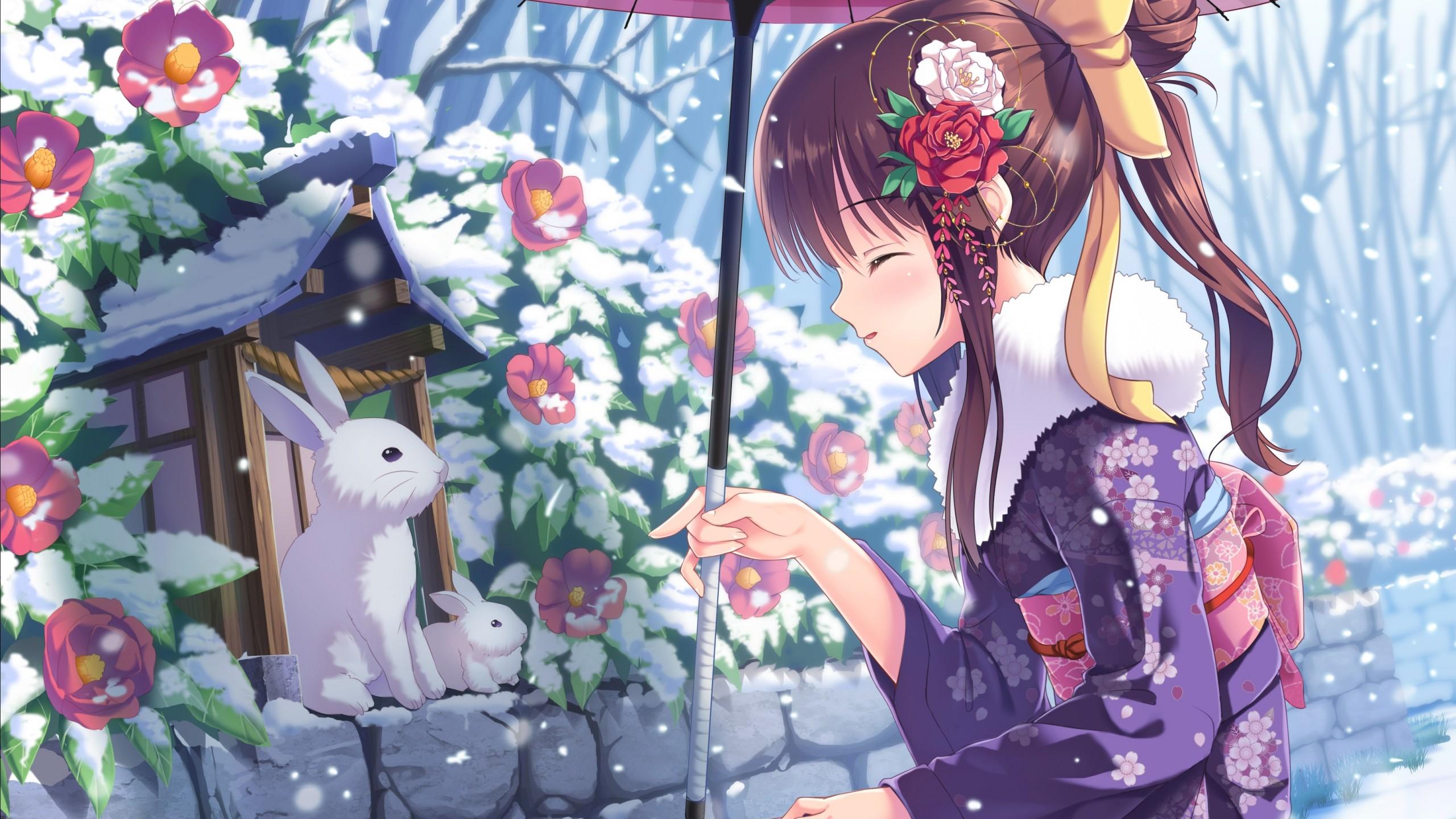 Wallpaper anime, girl, beauty, winter, rabbits, snow, 4k