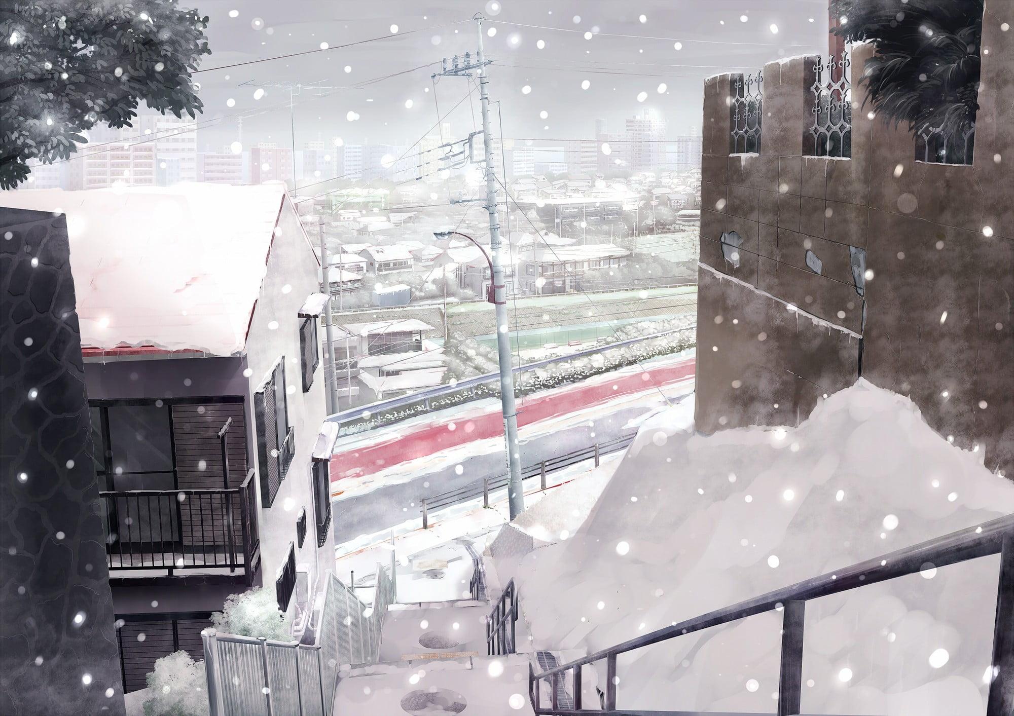Black railings, city, snow, winter, anime HD wallpaper