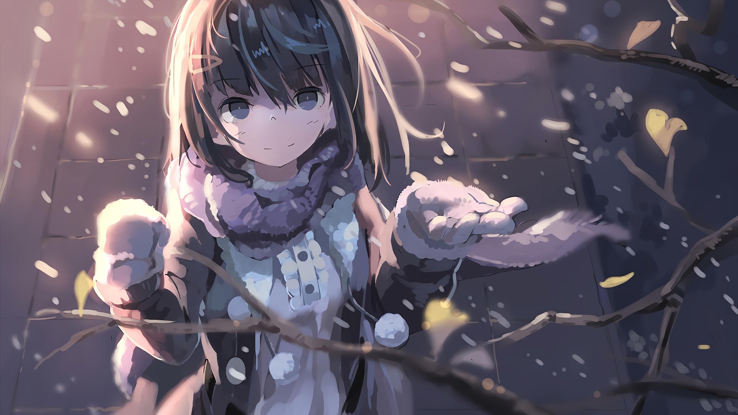 Download 2560x1440 Anime Girl, Scarf, Snow, Winter, Short Hair Wallpaper for iMac 27 inch