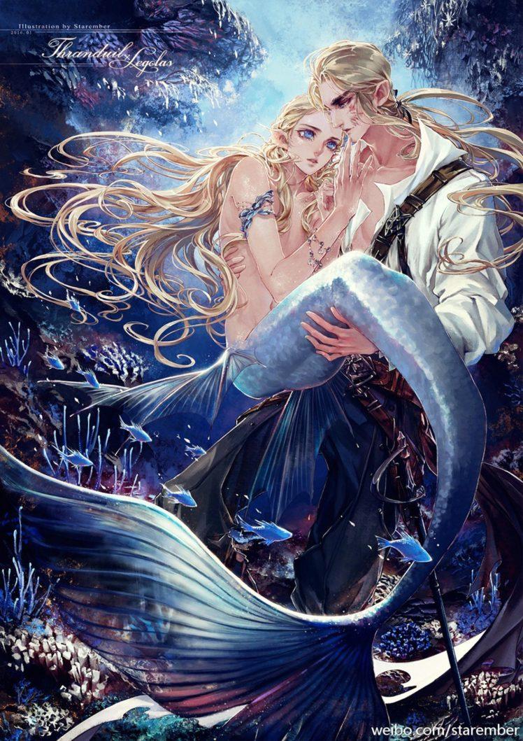 mermaid, Fantasy, Beauty, Male, Blue, Blue, Eyes, Fish Wallpaper HD / Desktop and Mobile Background