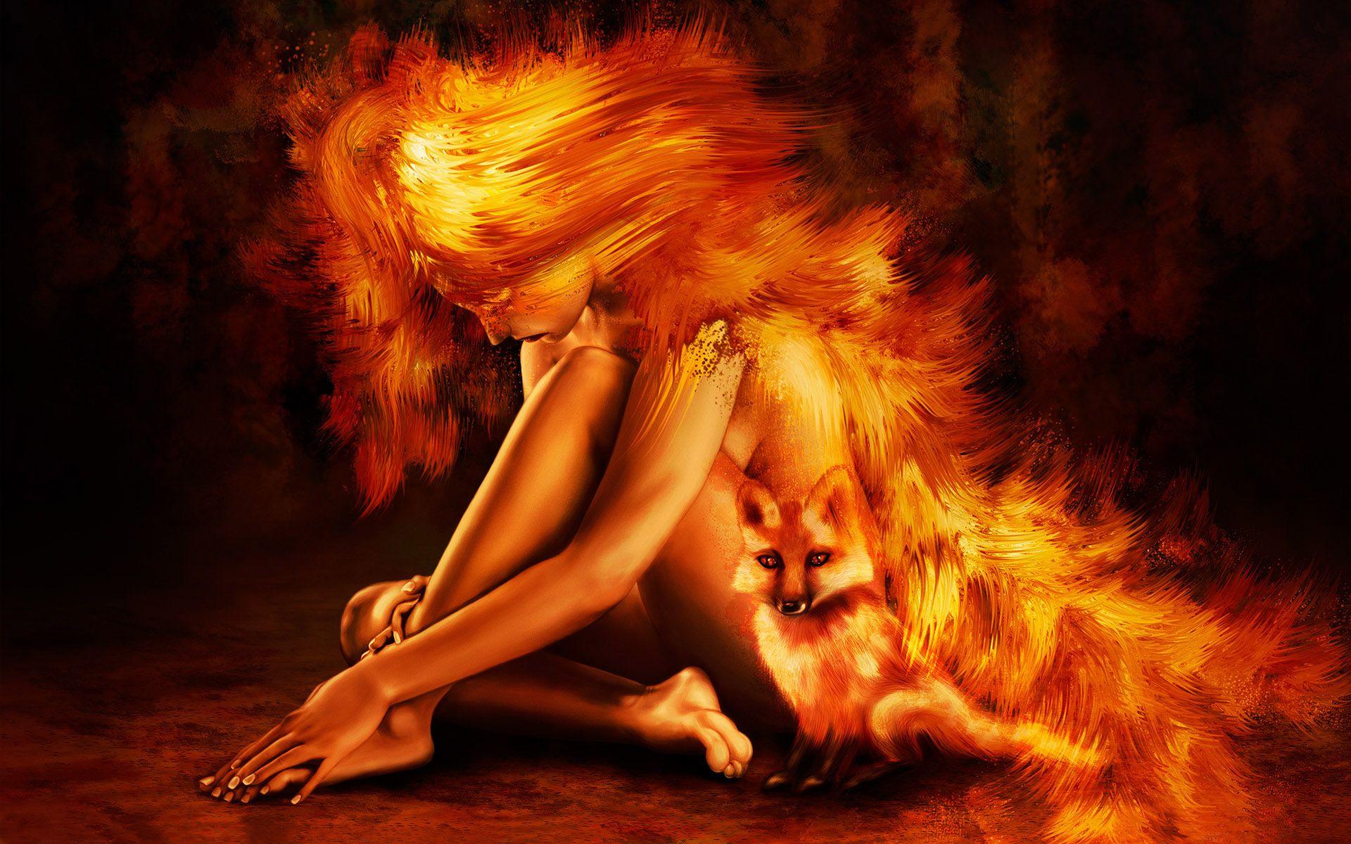 Woman And Fox On Fire X Digital Art Wallpaper. Fox girl