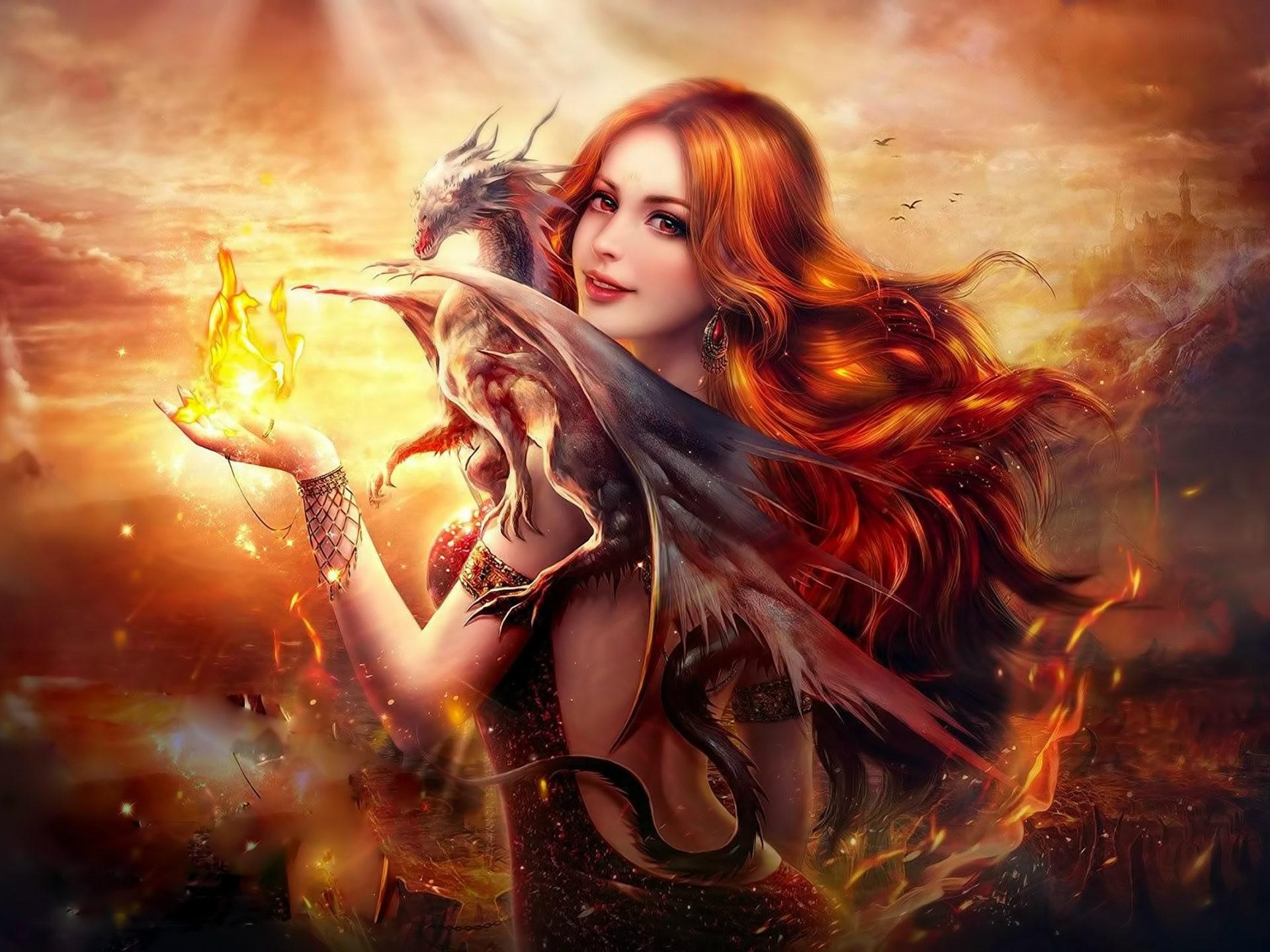 Girl with red hair and dragon fire monster of mythology
