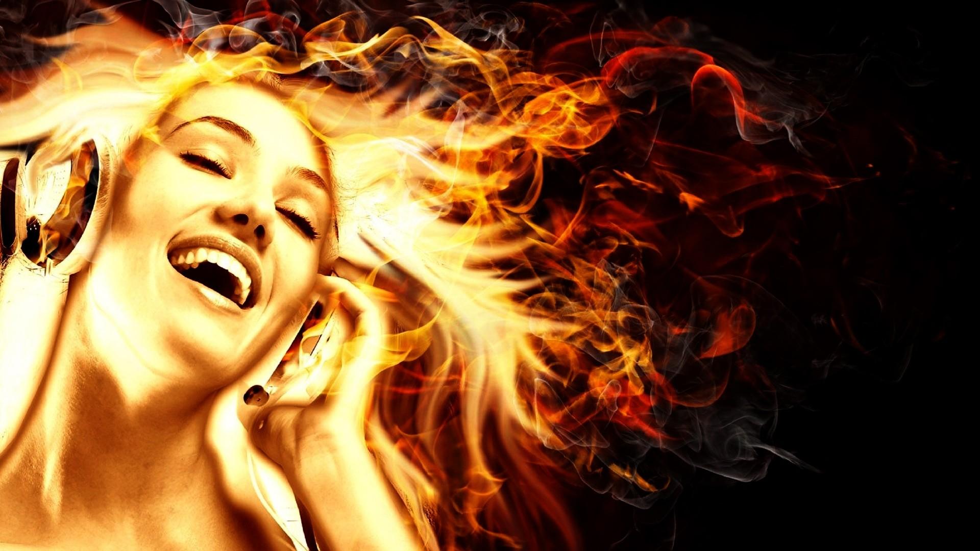 Fire Girl With Headphones HD Wallpaperx1080
