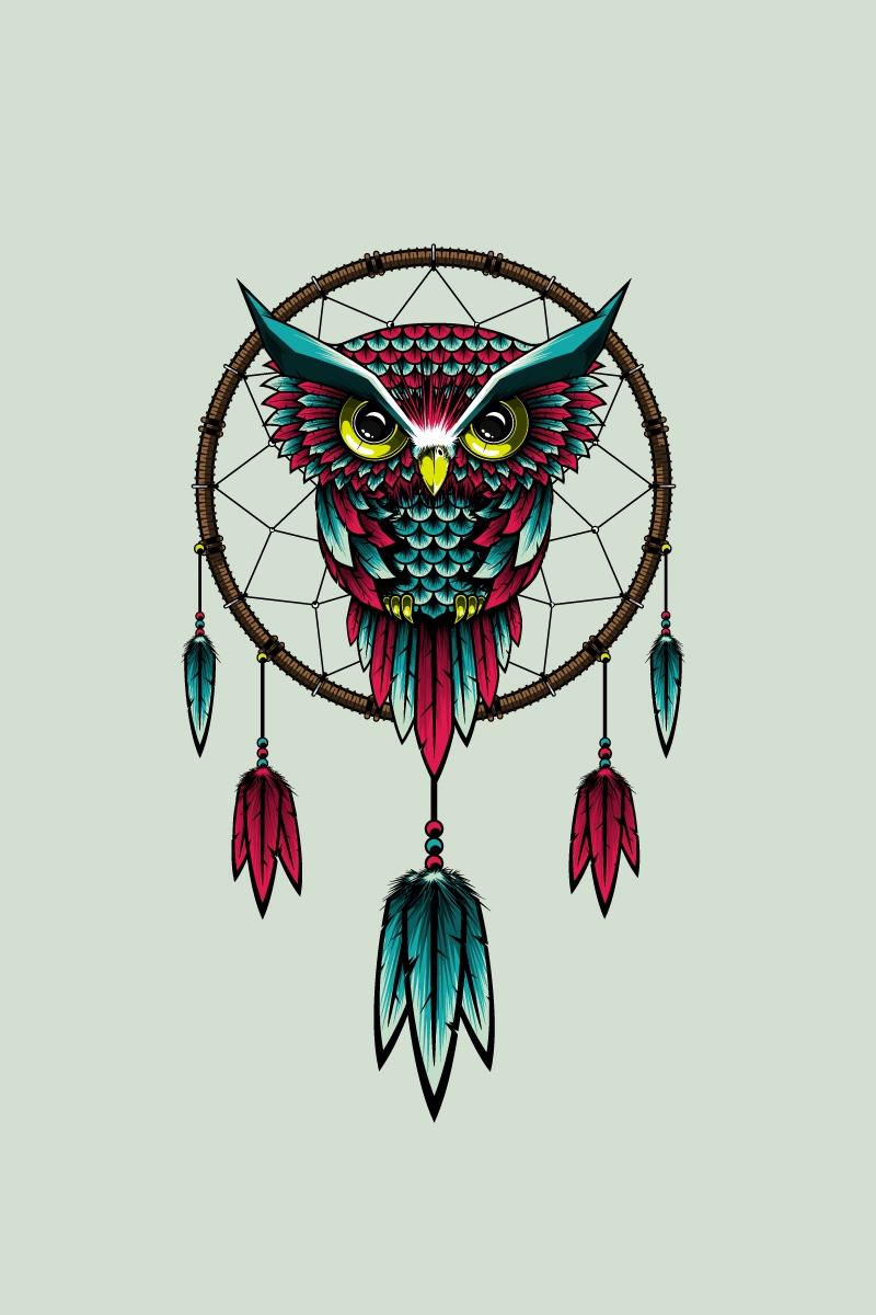 Download wallpaper 800x1200 owl, bird, dreamcatcher, art