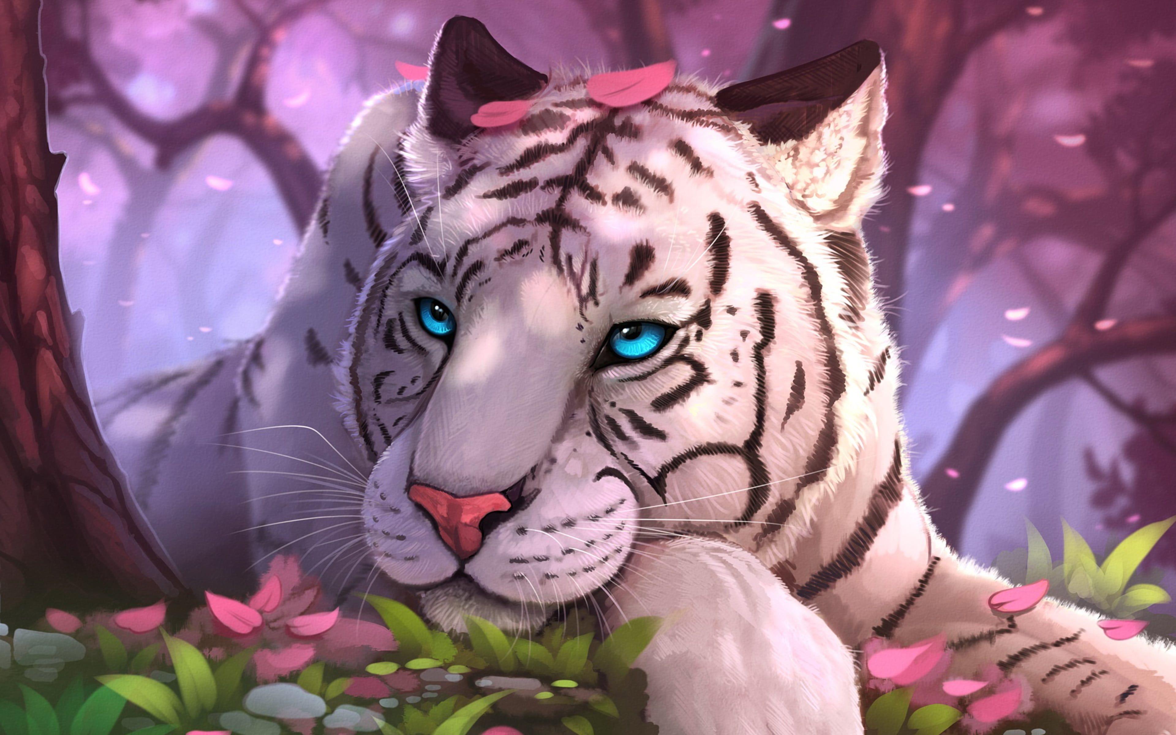 White Tiger Pink Forest Fantasy Art. Tiger artwork, Tiger