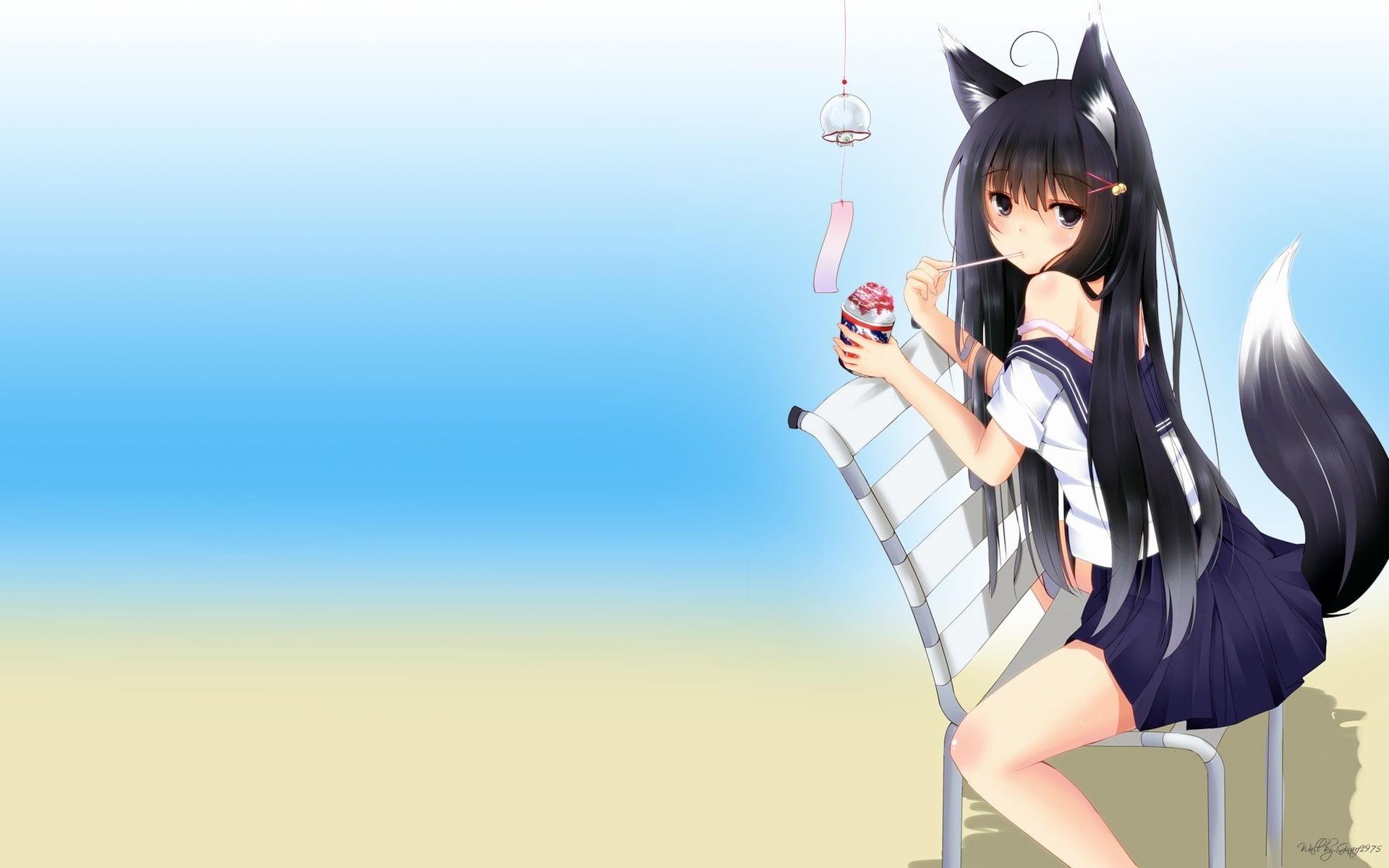 Black Haired Female Fox Illustration HD Wallpaper