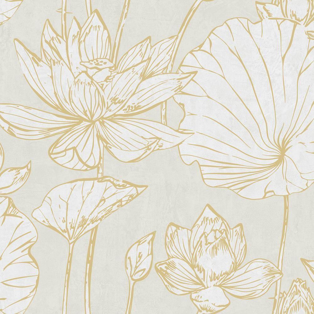 Seabrook Designs Lotus Metallic Gold And Off White Floral