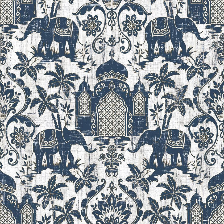 Indo Chic Blue Elephants Wallpaper