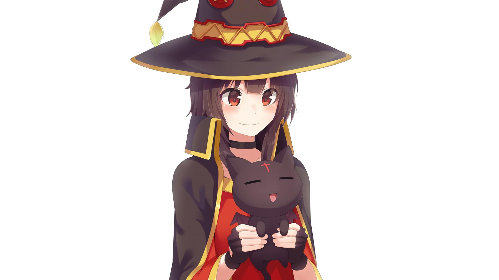 Download 1920x1080 wallpaper witch, megumin and kitten