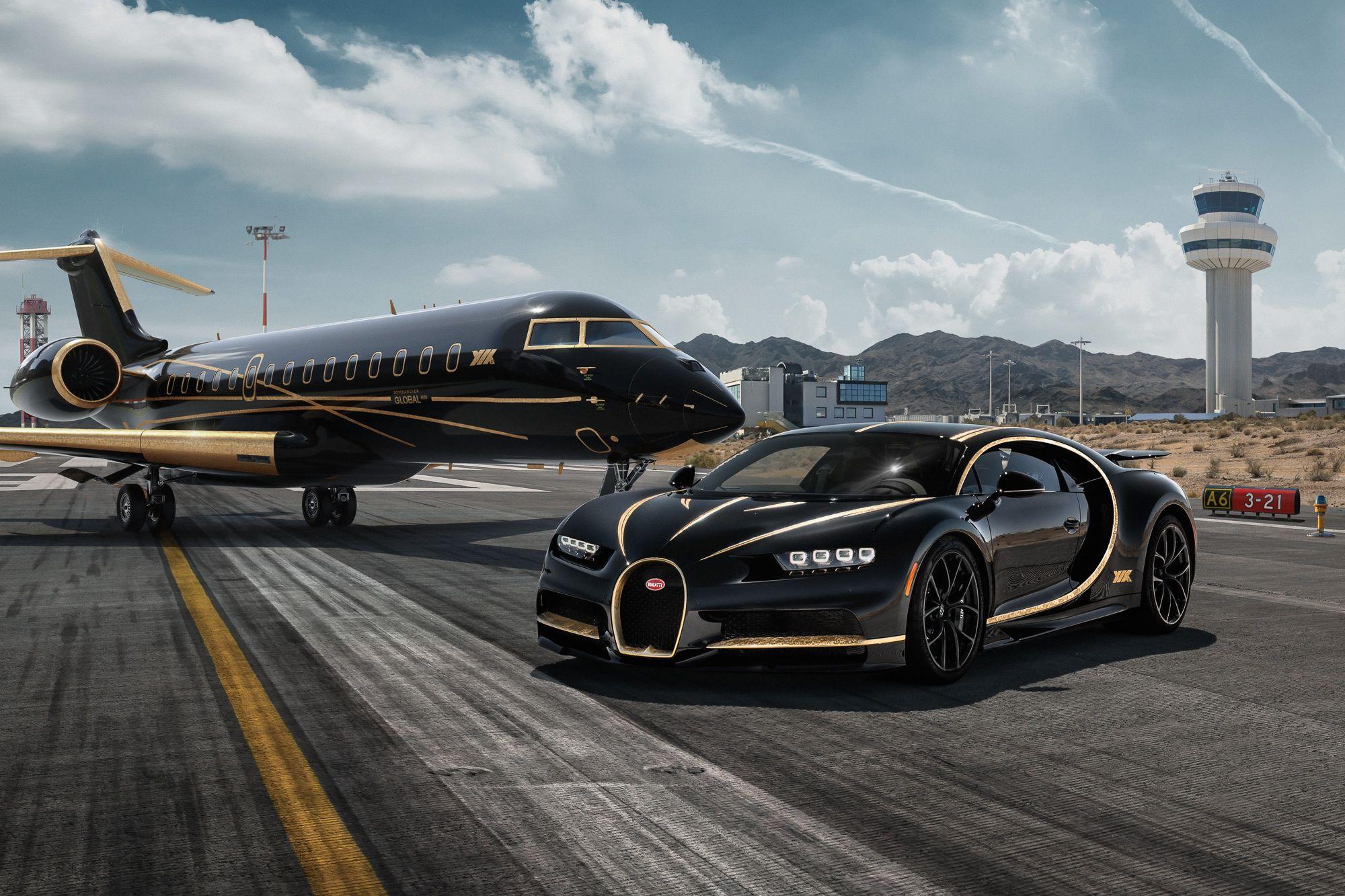 Bugatti Chiron Black, Gold, Aircraft, Supercar, Luxury, Private