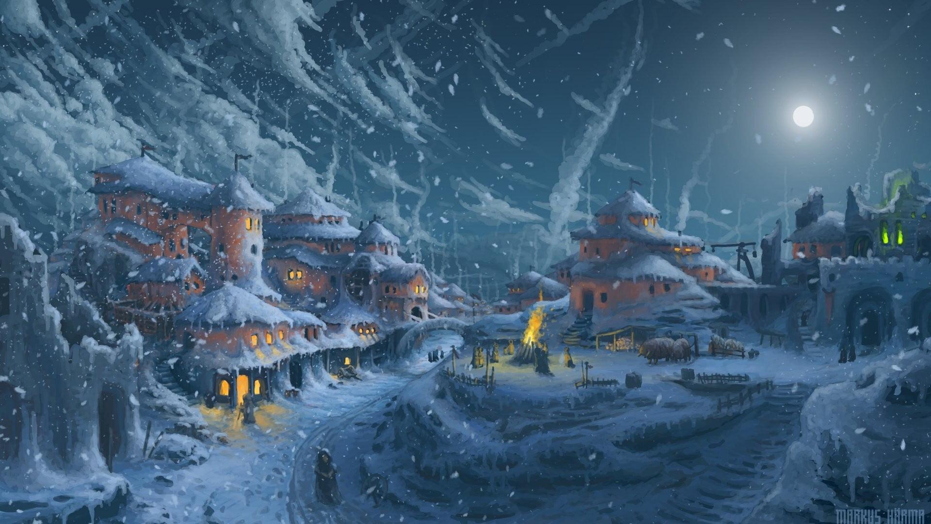 Snowy village illustration, artwork, painting, architecture