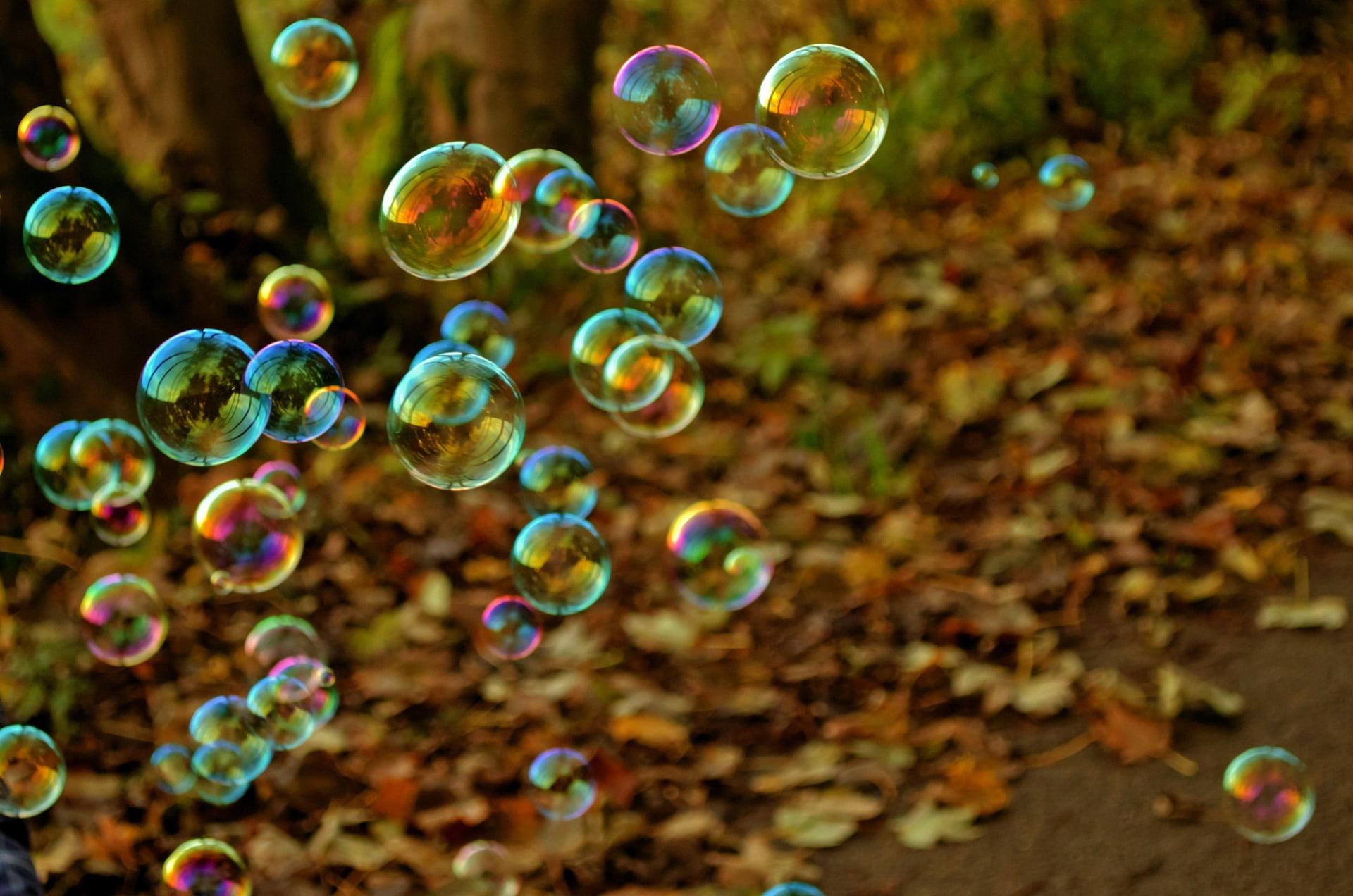 Close up photo of iridescent bubbles near dried leaves HD