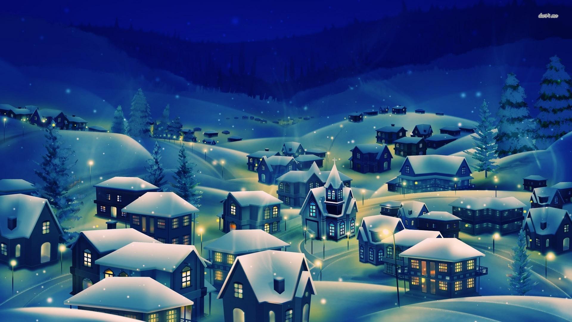 Snowy village at night wallpaper Art wallpaper