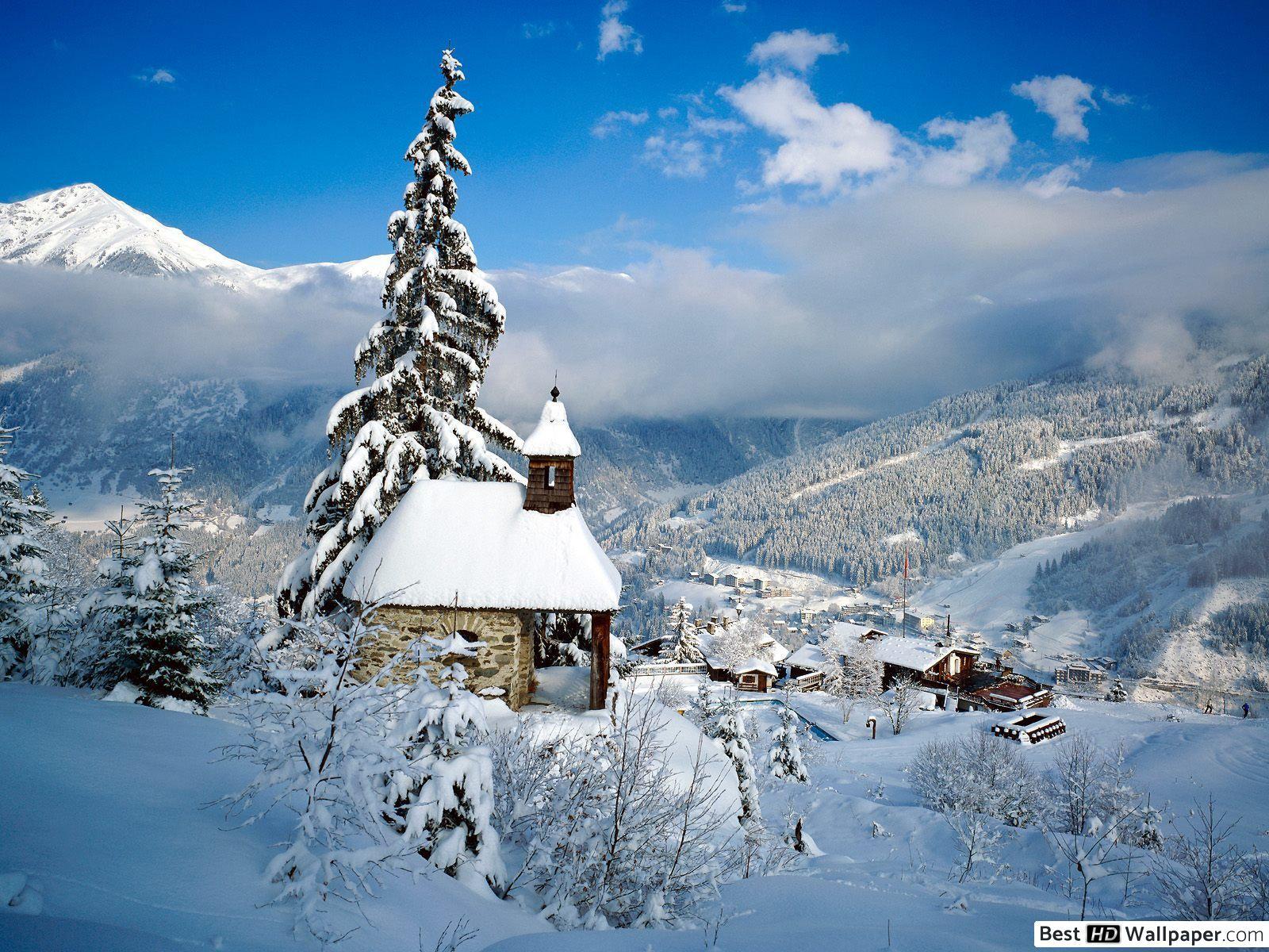 Snowy village in the mountains HD wallpaper download