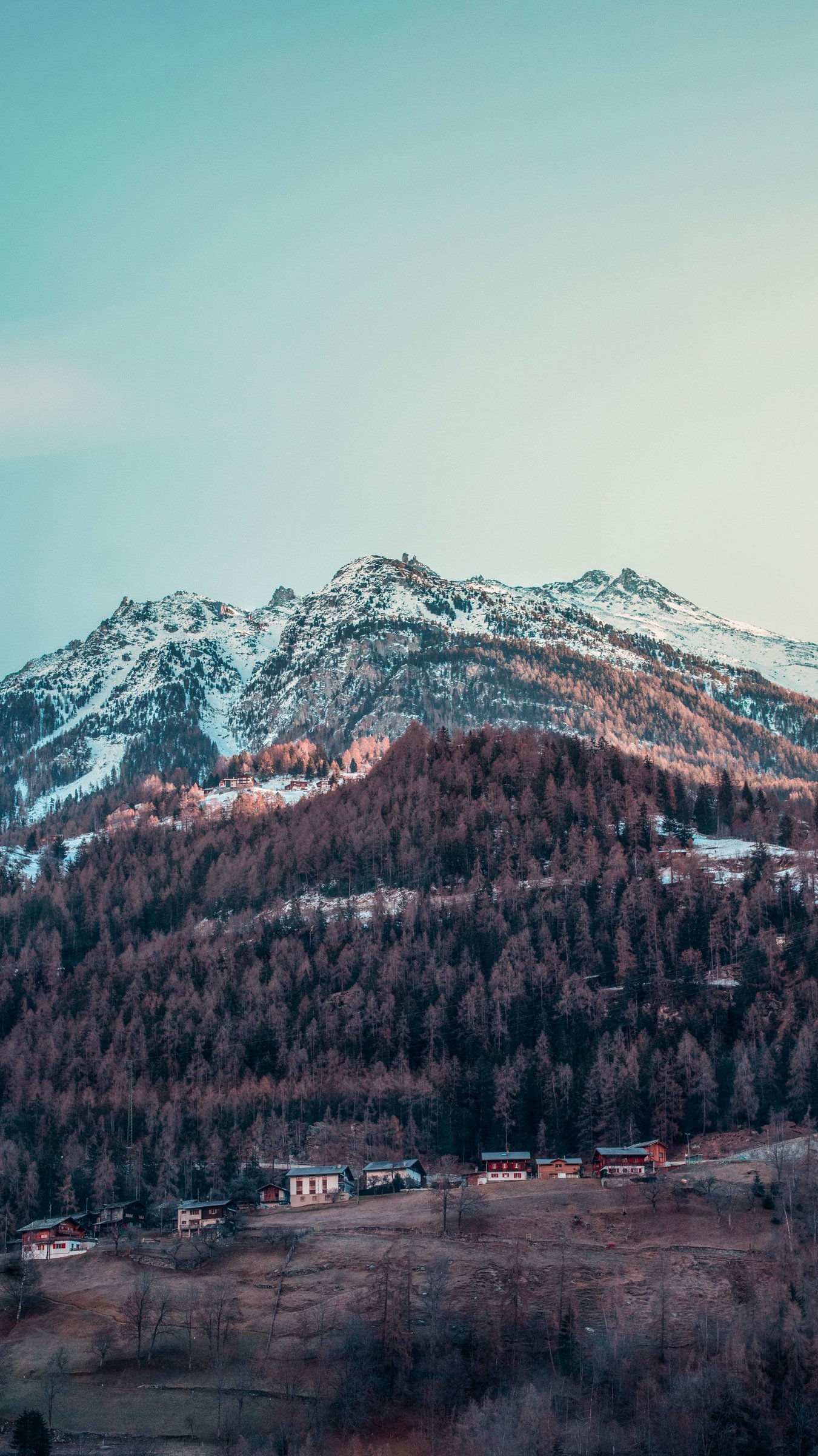 Download wallpaper 1350x2400 mountain, peak, snowy, village