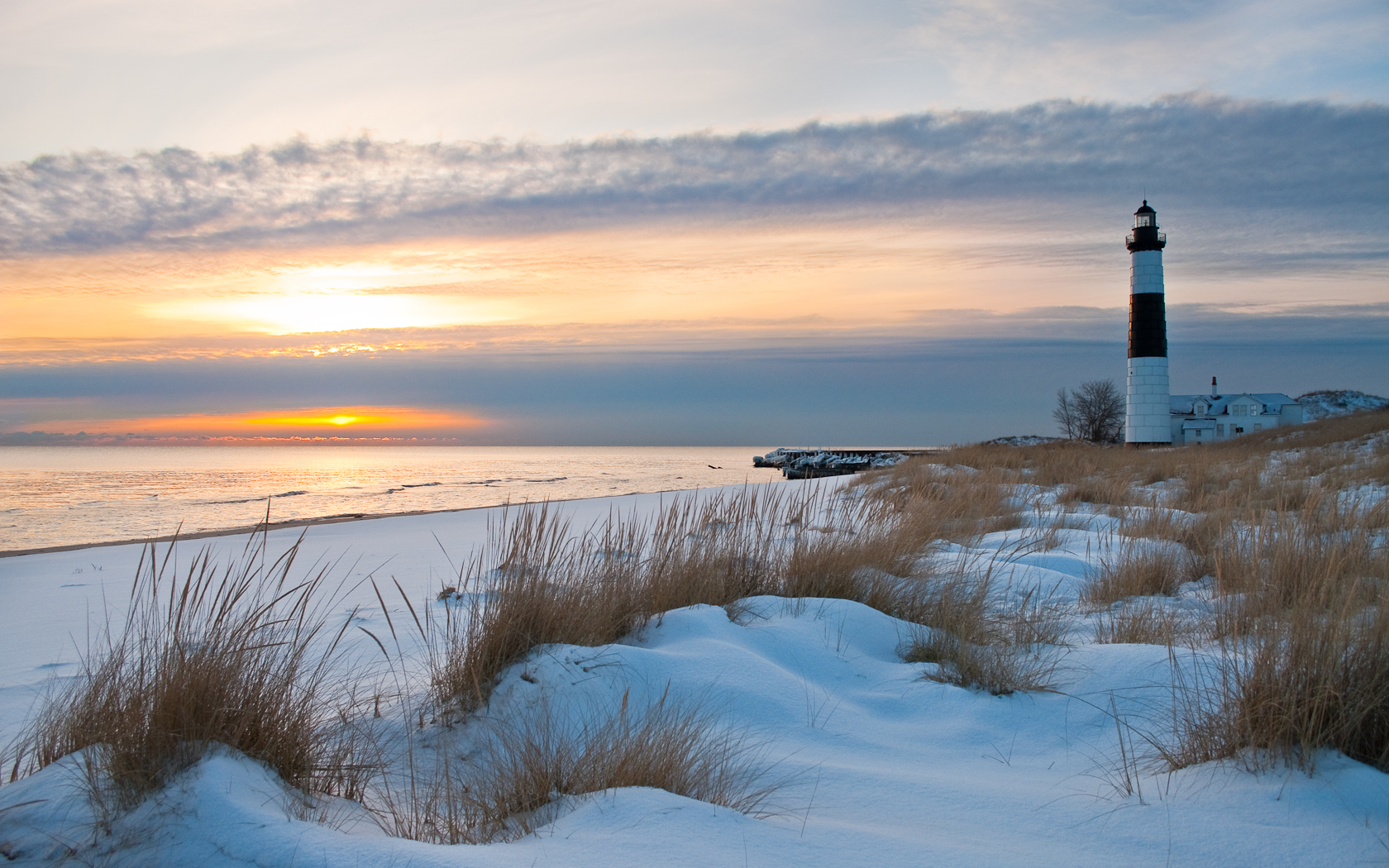 sunset, winter, coast, beach, lighthouses, sea wallpaper