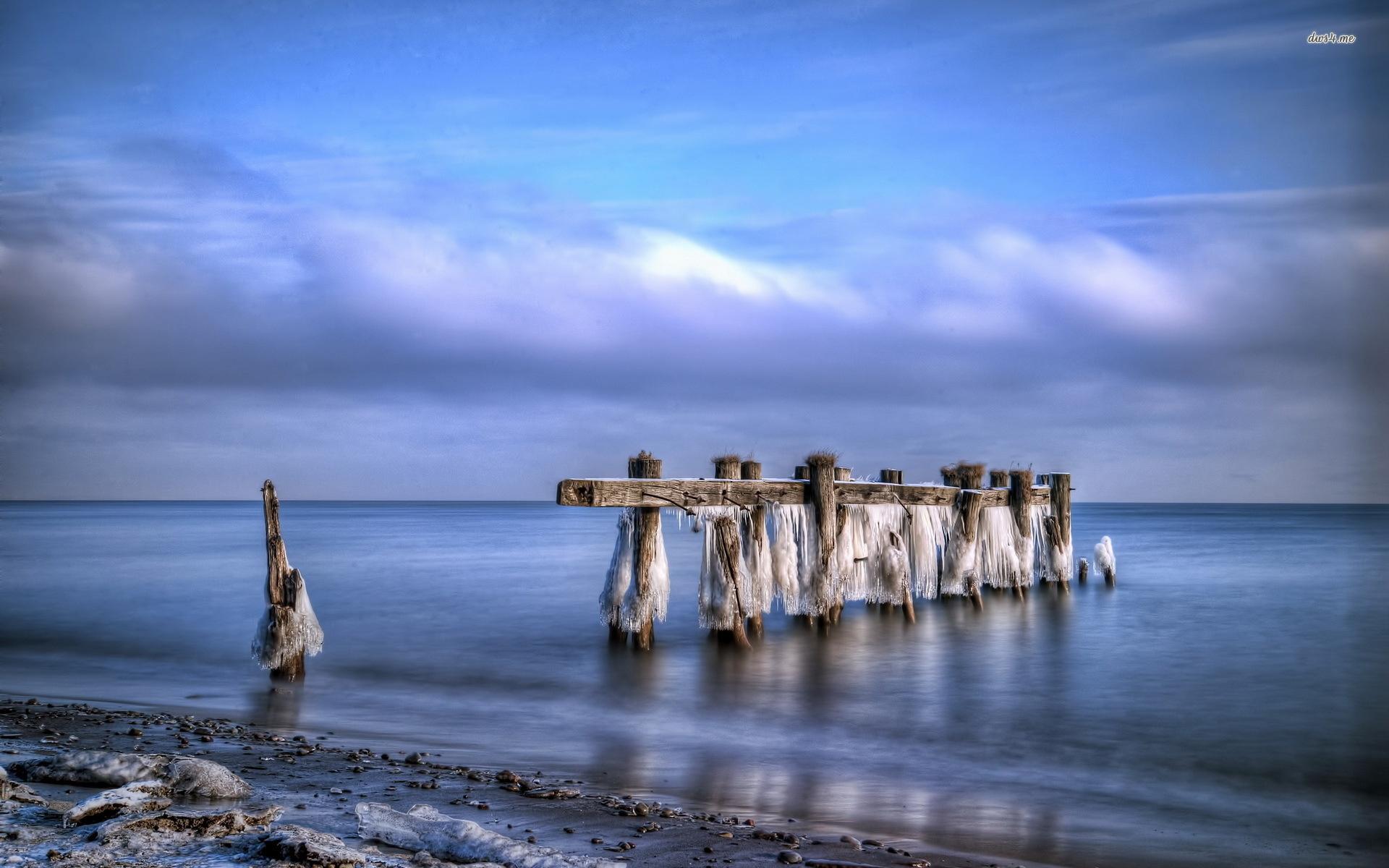Fabulous old pier on beach at winter wallpaper