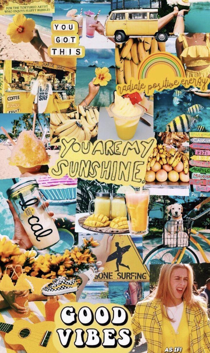 yellow vision board. Collage background, Summer wallpaper