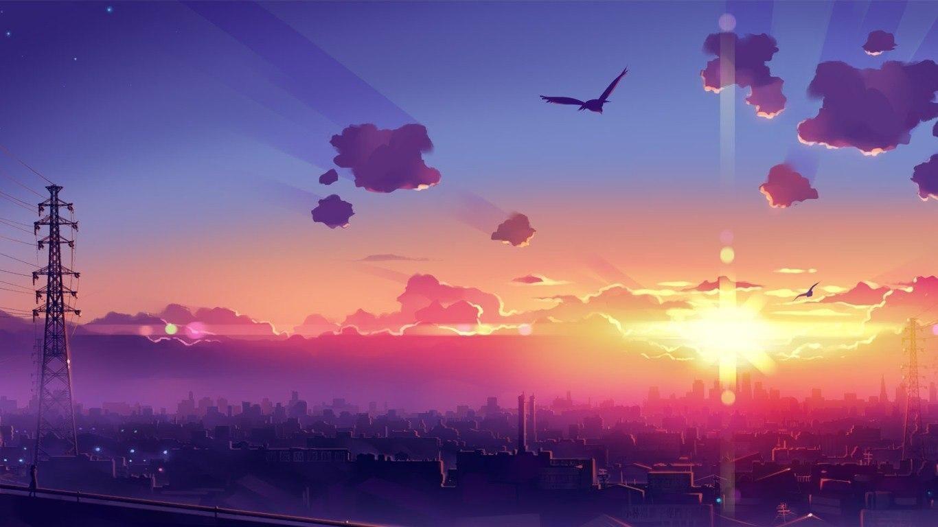 Anime sunset [1366x768]. Anime scenery, Anime scenery wallpaper, Anime background