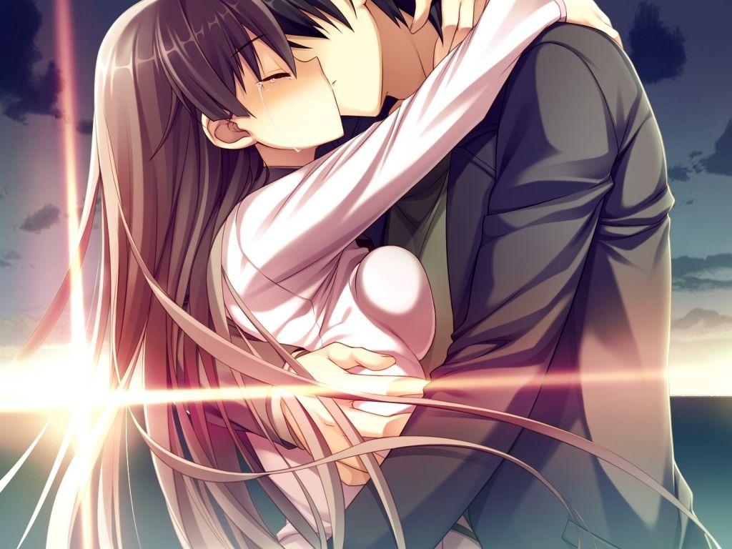 Download Anime Couple Kiss During Beautiful Sunset Wallpaper