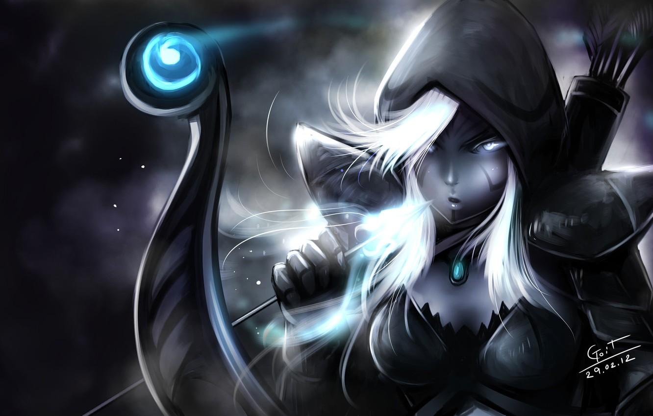Wallpaper girl, bow, art, hood, arrow, elf, dota 2, Drow