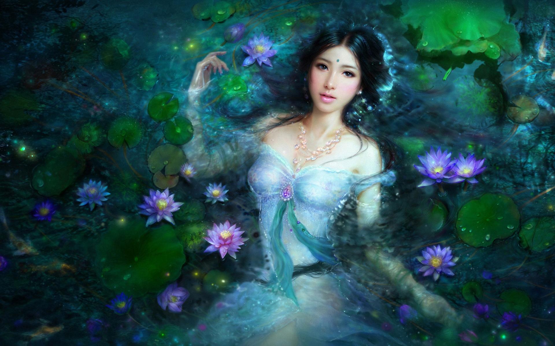 Wallpaper Beautiful Asian girl in lotus pool 1920x1200 HD