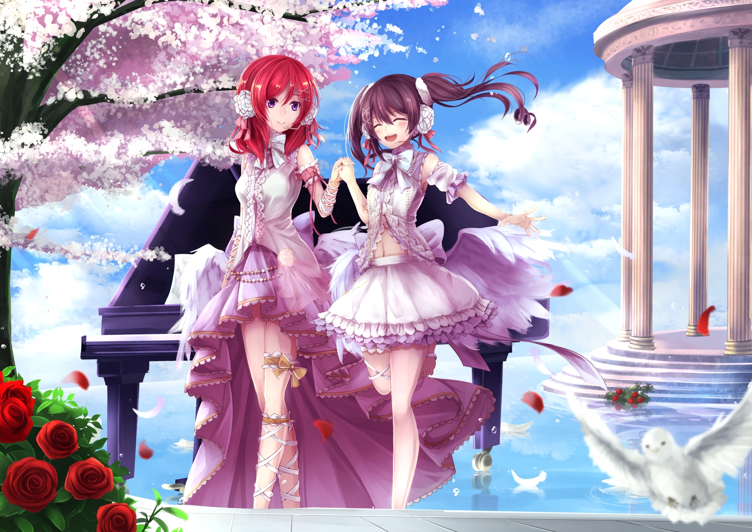 2girls animal bird cherry blossoms feathers flowers