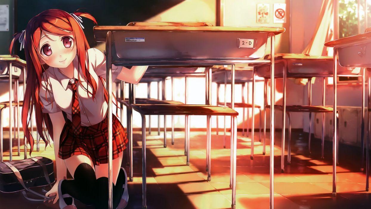Women redheads school uniforms classroom red eyes anime
