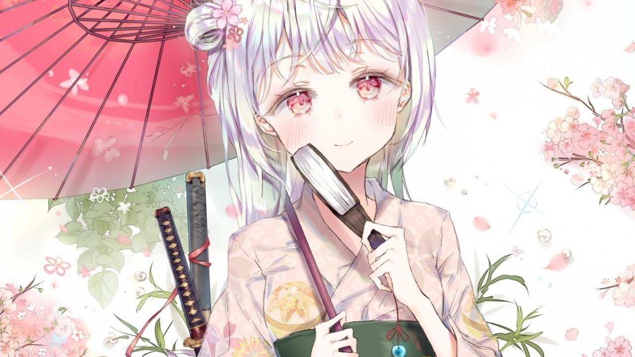 Download 1280x720 Anime Girl, Kimono, White Hair, Umbrella